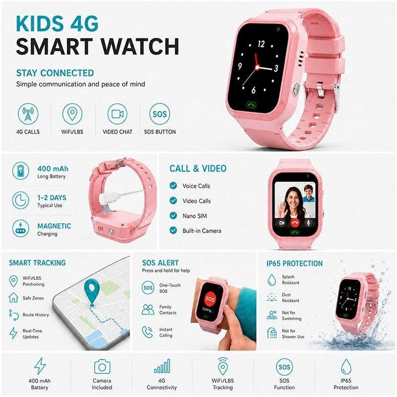 Detalle de Nilait Kids Watch Safe GPS 4G Rosa: reloj infantil con videollamadas, SOS y control parental