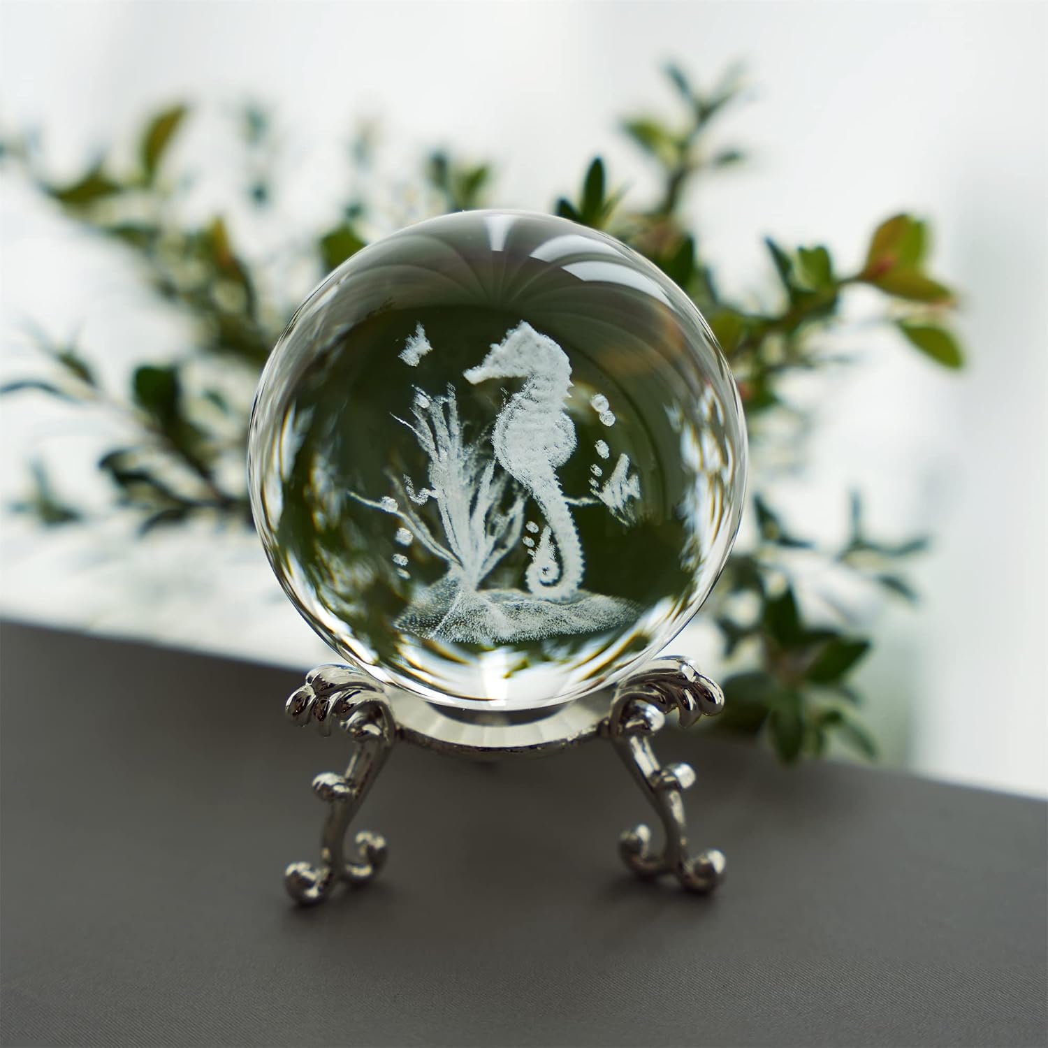 Thumbnail 4 de 60mm 3D Seahorse Crystal Ball Figurine with Stand – glass laser-engraved paperweight ornament