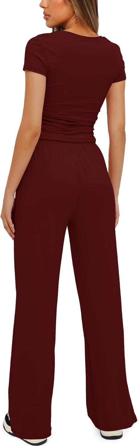 Thumbnail 1 de Darong Women's 2 Piece Summer Outfits Lounge Sets: Side Ruched Crop Top & Wide Leg Pants