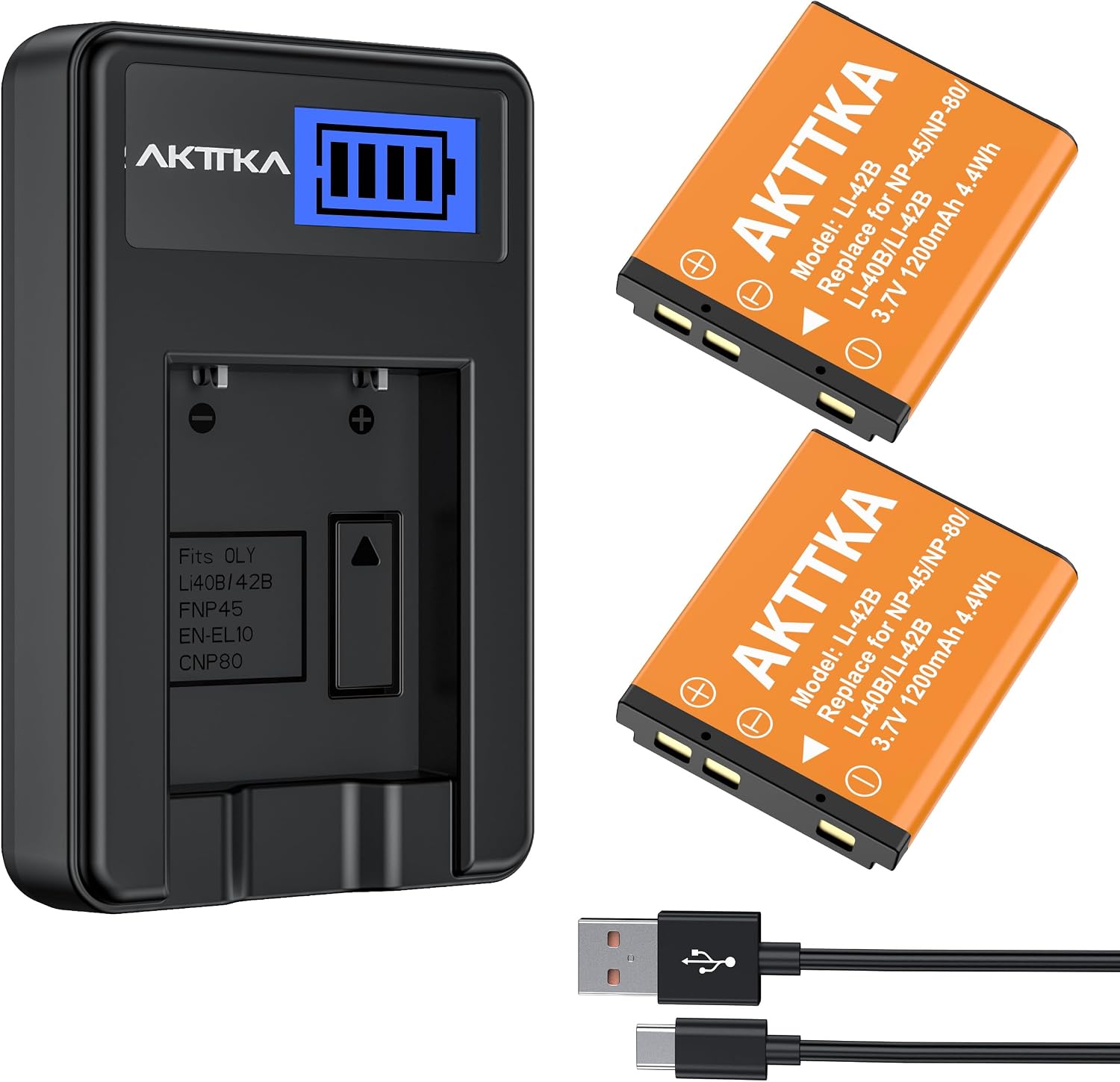 Detalle de Kit batterie AKTTKA NP-45 (2×1200mAh) con caricabatterie USB-C compatibile Olympus, Nikon e Fujifilm