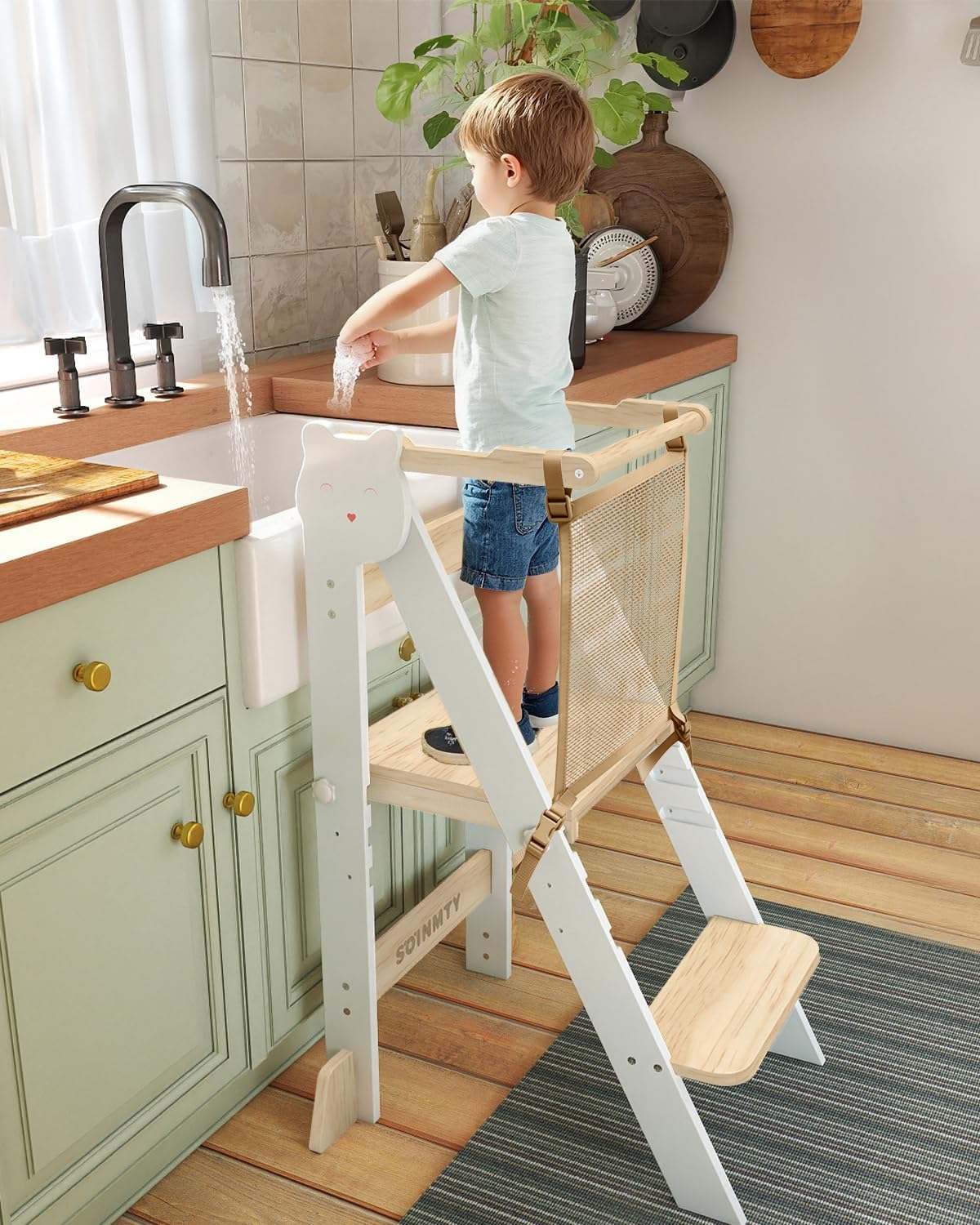 Detalle de SOINMTY WJ03003-WT Wooden Toddler Tower, 3 Heights, Foldable, White
