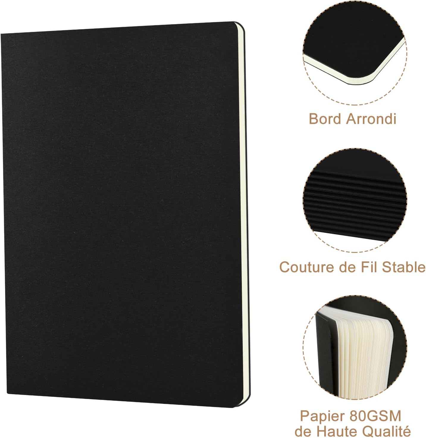 Detalle de ZCZN Cahiers A5 – Lot de 48 blocs note 60 pages, couverture kraft noire, papier FSC 80 g/m²
