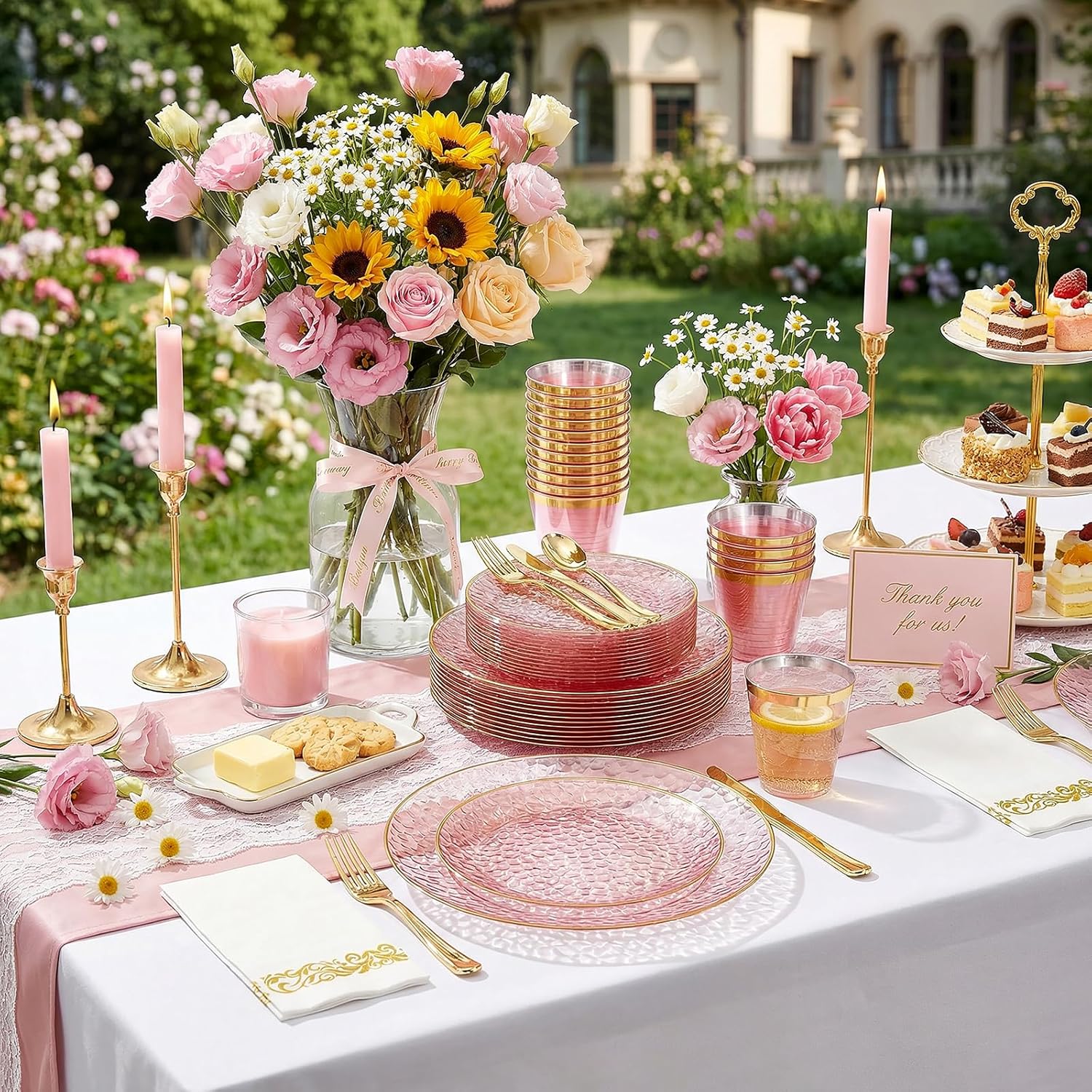 Thumbnail 4 de Rubtlamp 350 Pcs Clear Pink Plastic Plates with Pink Gold Rim Dinnerware Set (50 Guests)