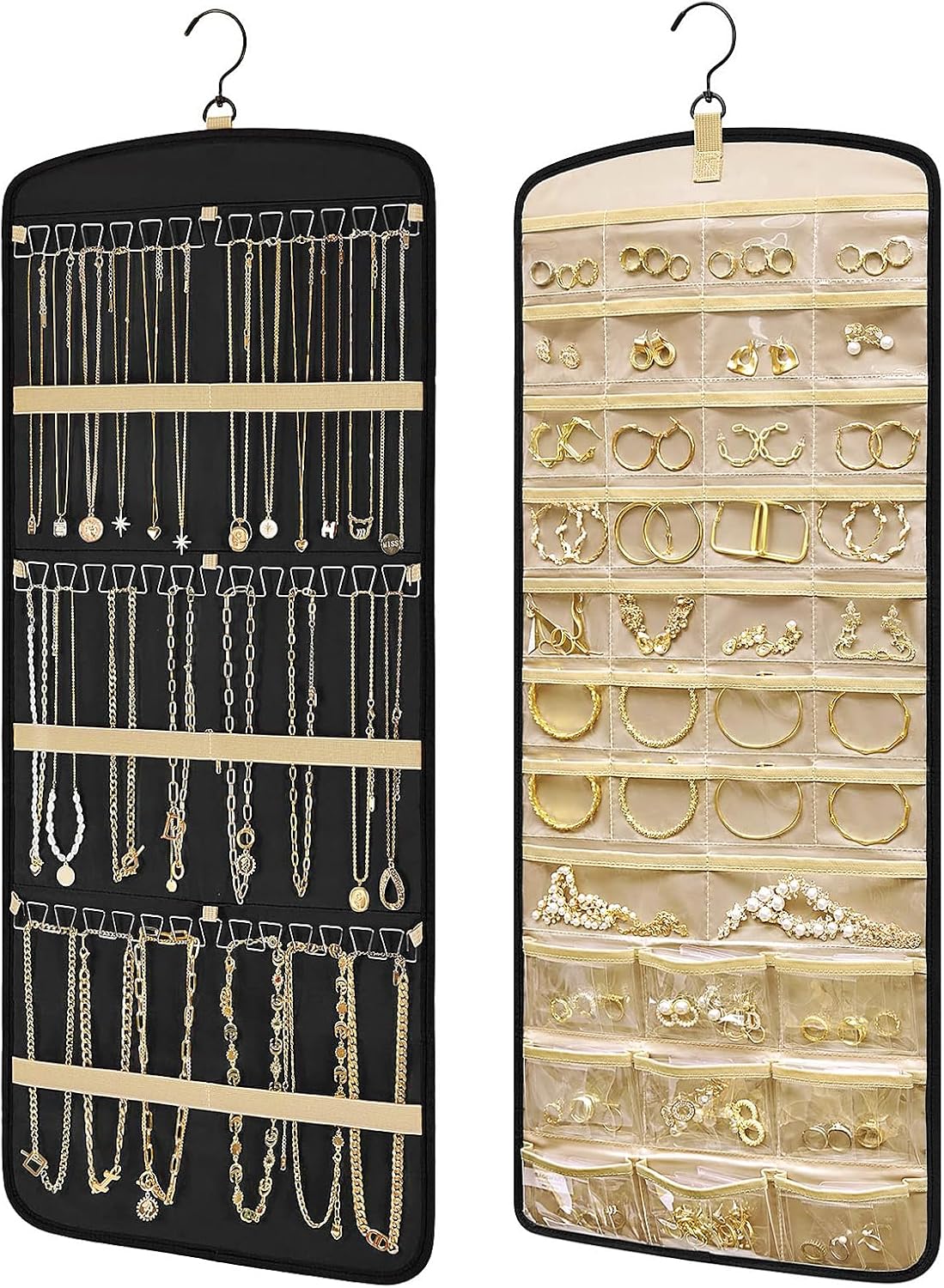 Detalle de Kisvic organizador de joyas colgante doble cara con gancho de metal y giro 360°