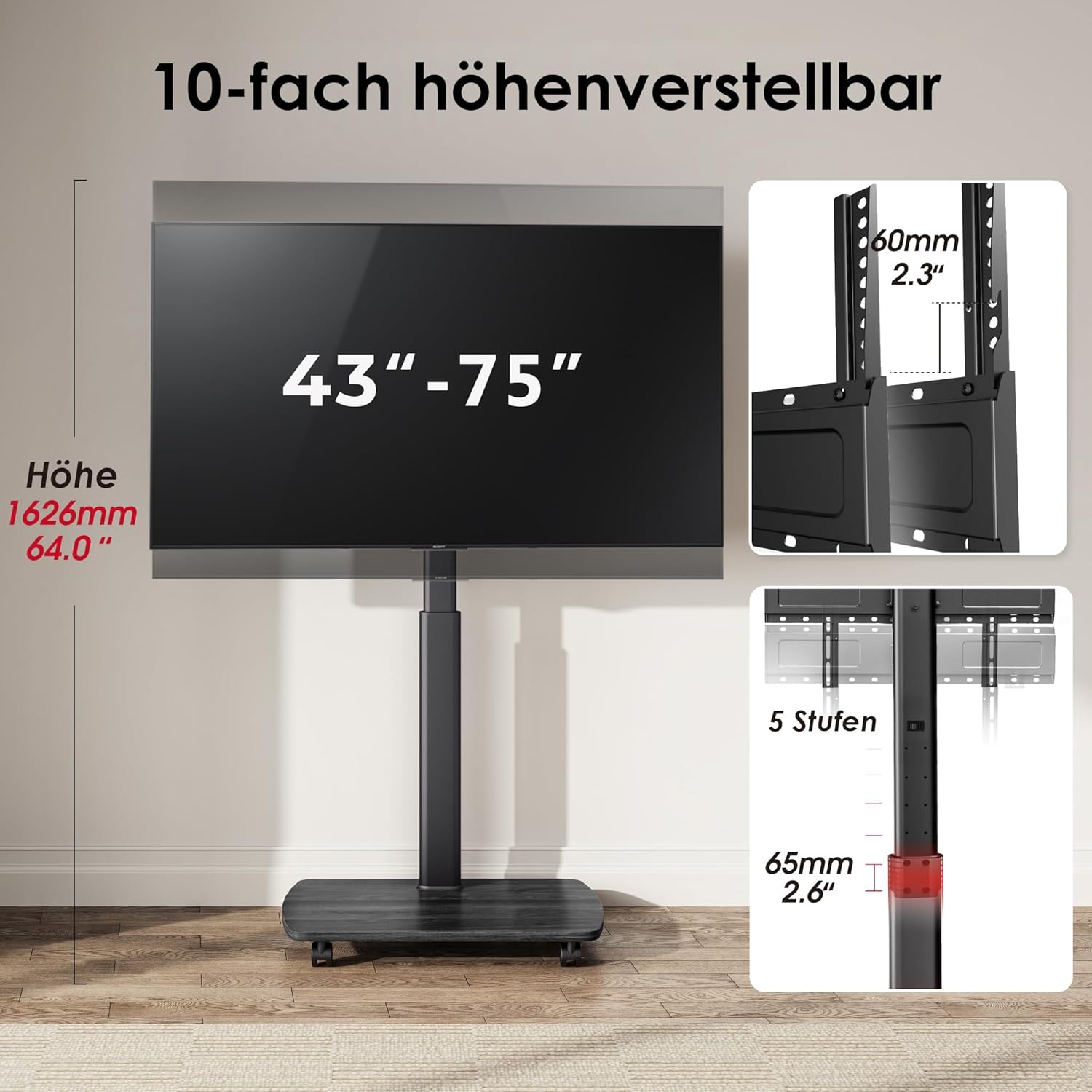 Thumbnail 3 de AOKCOS TV Bodenständer Rollbar mit Holzregal – verstellbar, kippsicher und flexibel für 43–75 Zoll