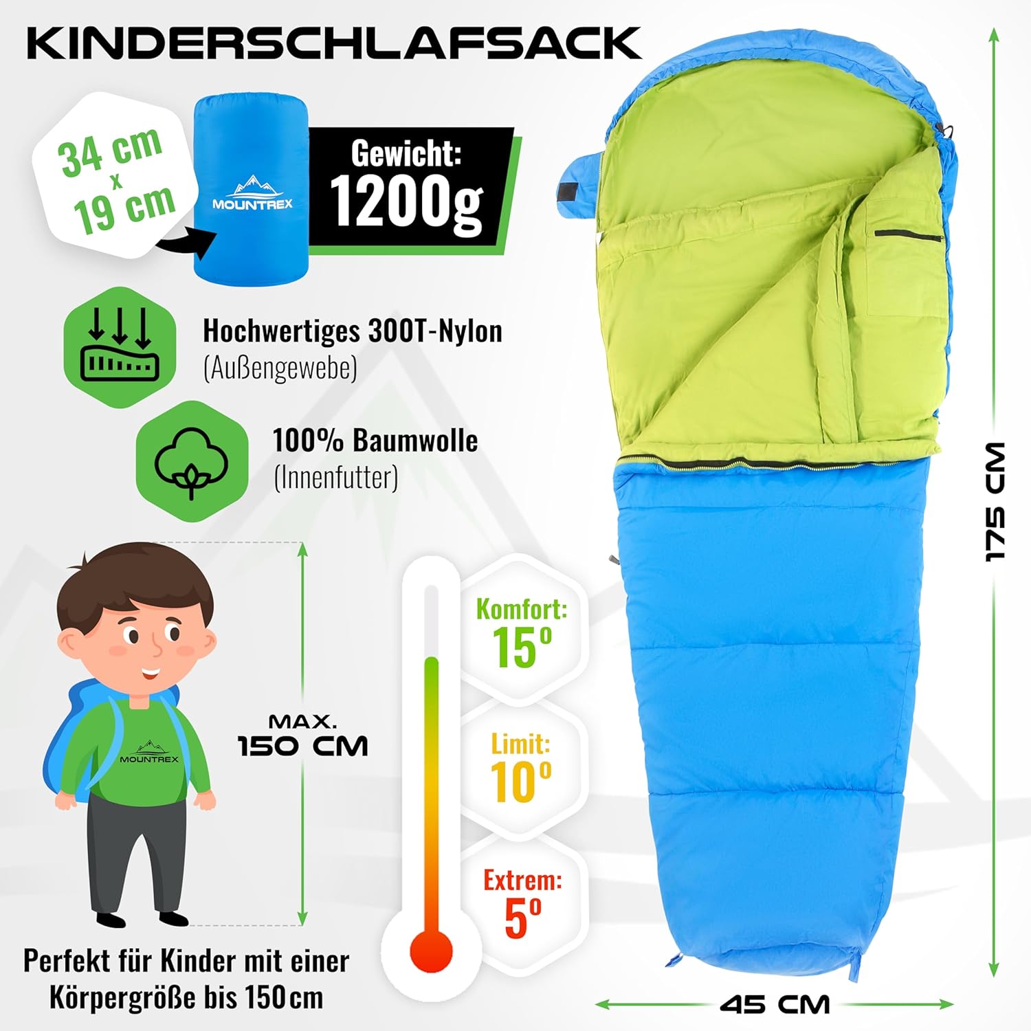 Thumbnail 1 de MOUNTREX Kinderschlafsack 5°C / 15°C aus 100% Baumwolle – 175×70 cm, innen aus Baumwolle