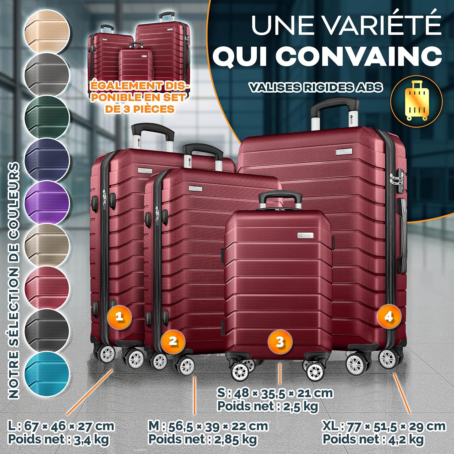 Detalle de Tillvex Set de 4 Valises de Voyage + Balance, 8 Sangles et 4 étiquettes – Coques rigides ABS, TSA, rouge