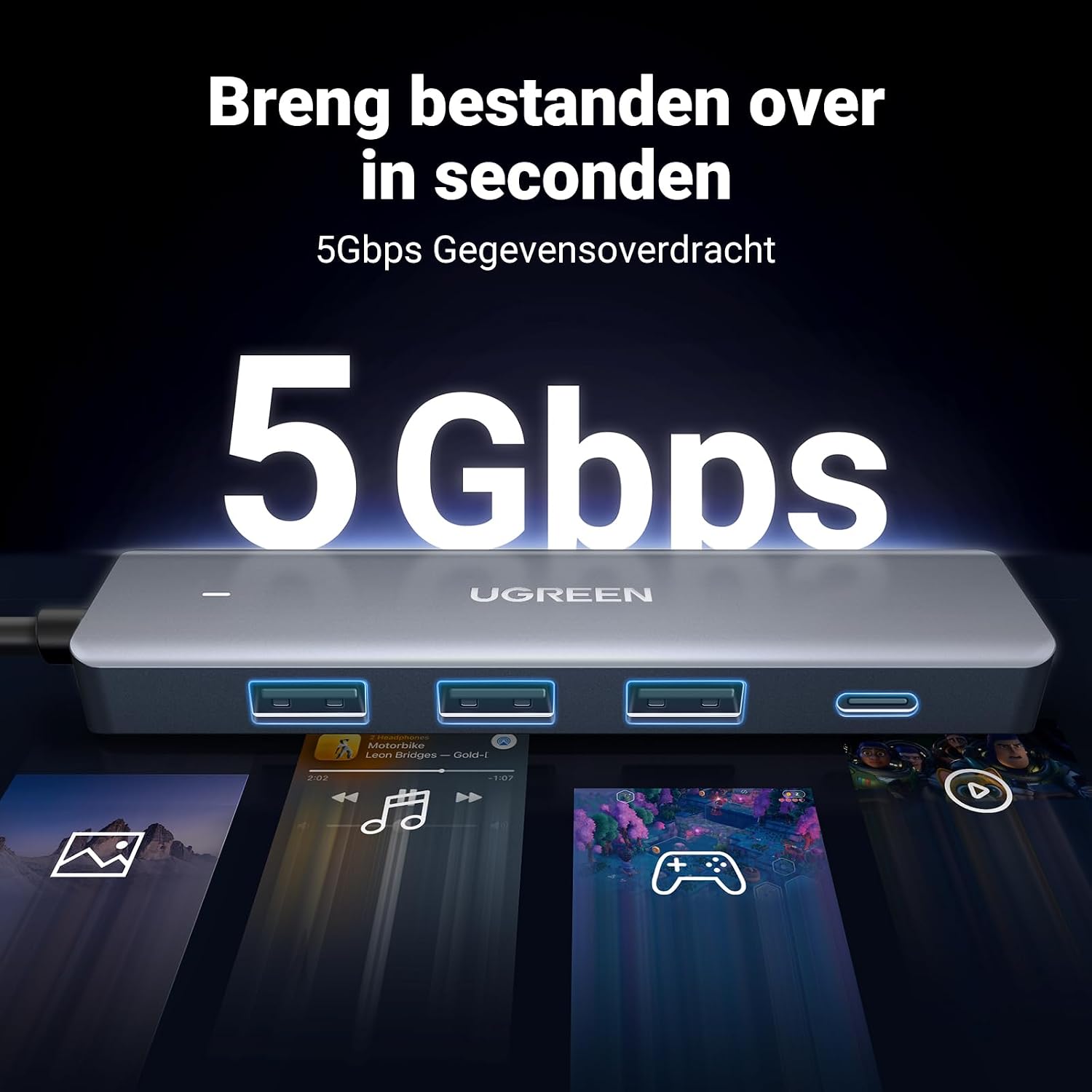 Thumbnail 1 de UGREEN USB Hub 3.0 met 1 USB-C- en 3 USB-A-poorten, 5Gbps en kabel van 60 cm