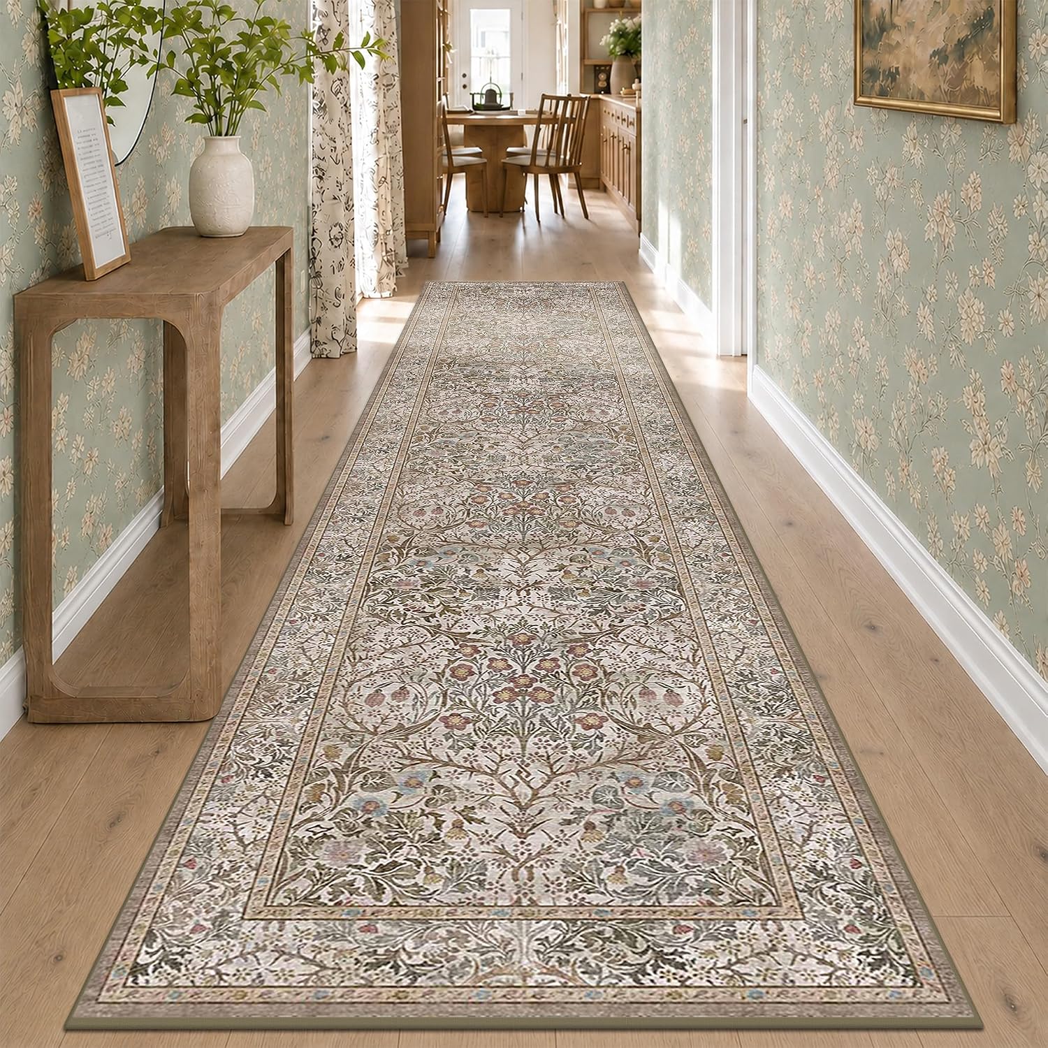 Detalle de Hazo Haus RUG 002 Moss 3' x 12' Runner Rug, Washable Low-Pile Floral
