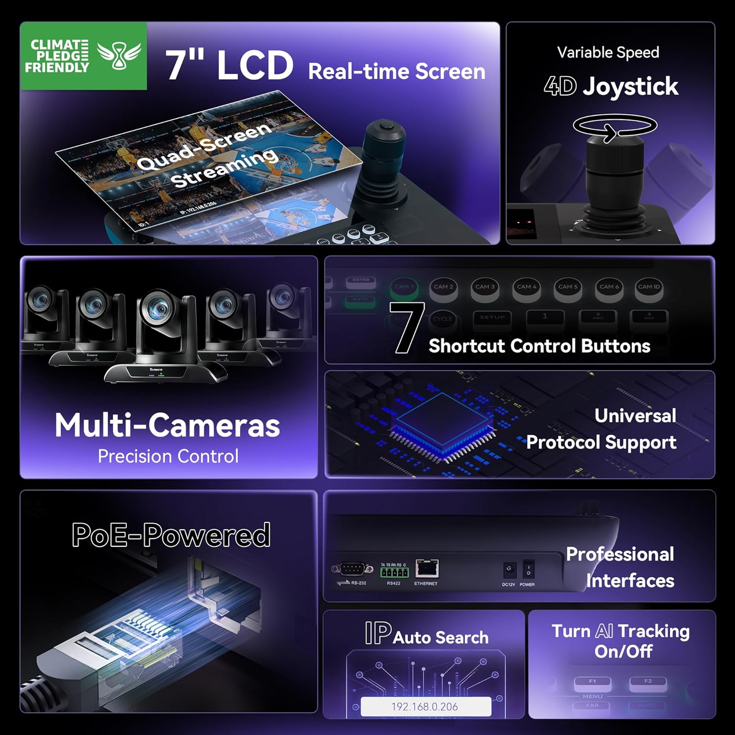 Thumbnail 1 de Tenveo NDI PTZ Camera Joystick Controller (KB300PRO) with 7” Quad-Screen Preview