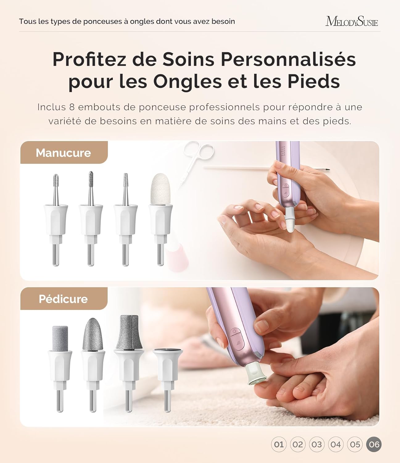 Thumbnail 6 de MelodySusie ponceuse pour ongles PC760G – kit manucure/pédicure sans fil avec 8 embouts et LED 360°, 5 vitesses