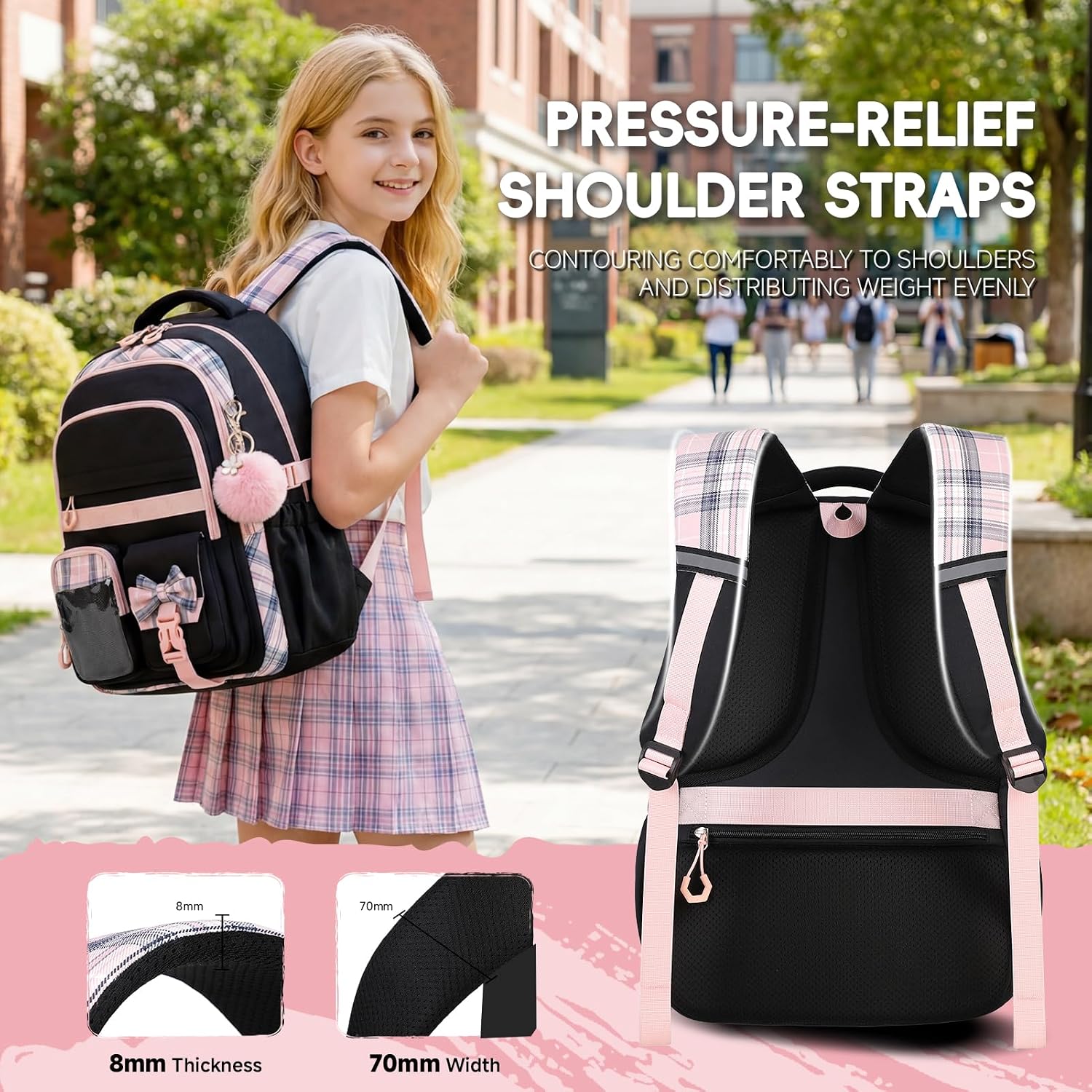 Detalle de Amythe Sac à Dos Fille – Cartable léger et ergonomique 22 L, noir rose (8–14 ans)