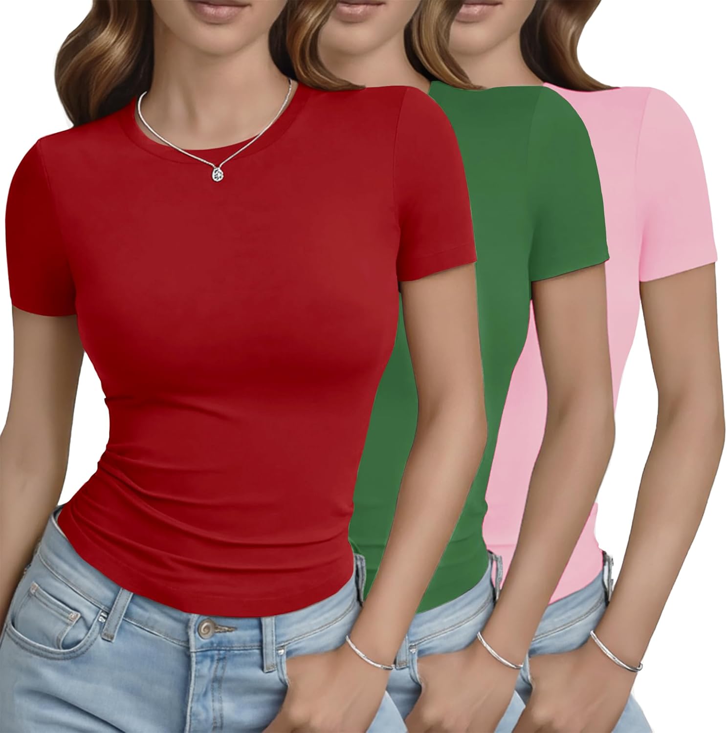 Detalle 2 de GAYHAY 3-Pack Basic Tees for Women (Crew Neck Slim Fit, Roll-Up or Full-Length)