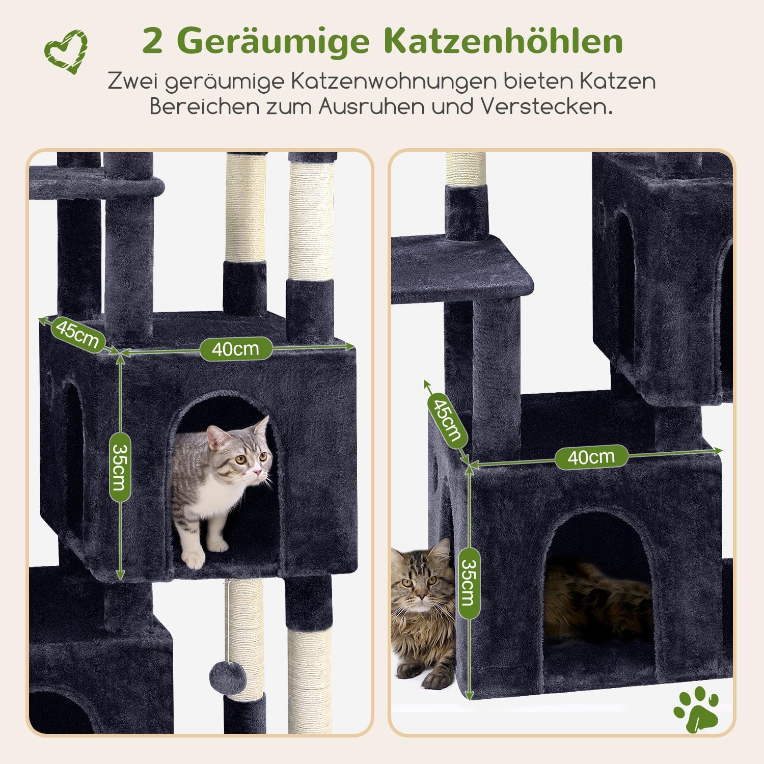 Thumbnail 3 de Globlazer Kratzbaum für 3–5 große Katzen (156 cm) mit 2 Deluxe Katzenhöhlen und 7 Sisal-Kratzsäulen, Dunkelgrau