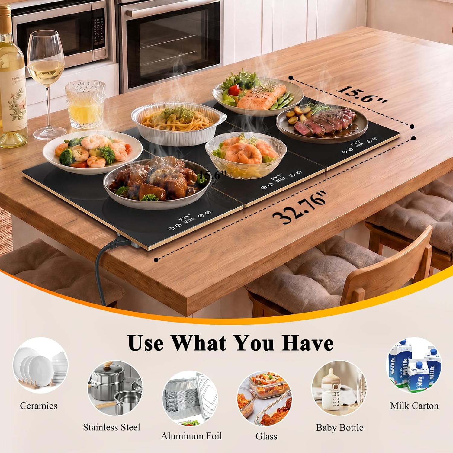 Detalle de FYY 3-Panel Electric Warming Tray with Tempered Glass, 13 Heat Levels and Timer