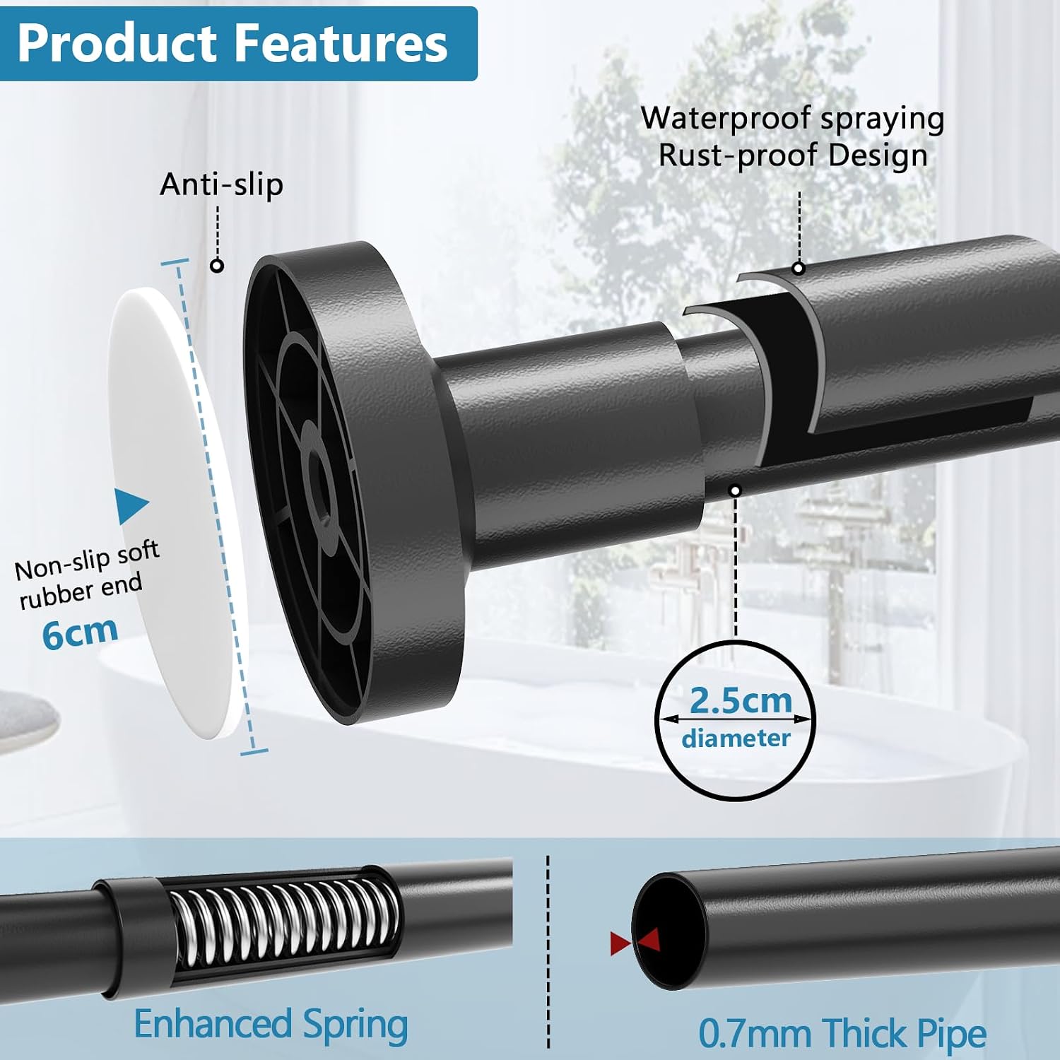 Detalle 2 de WELDUN Extendable Shower Curtain Rod 48–190 cm