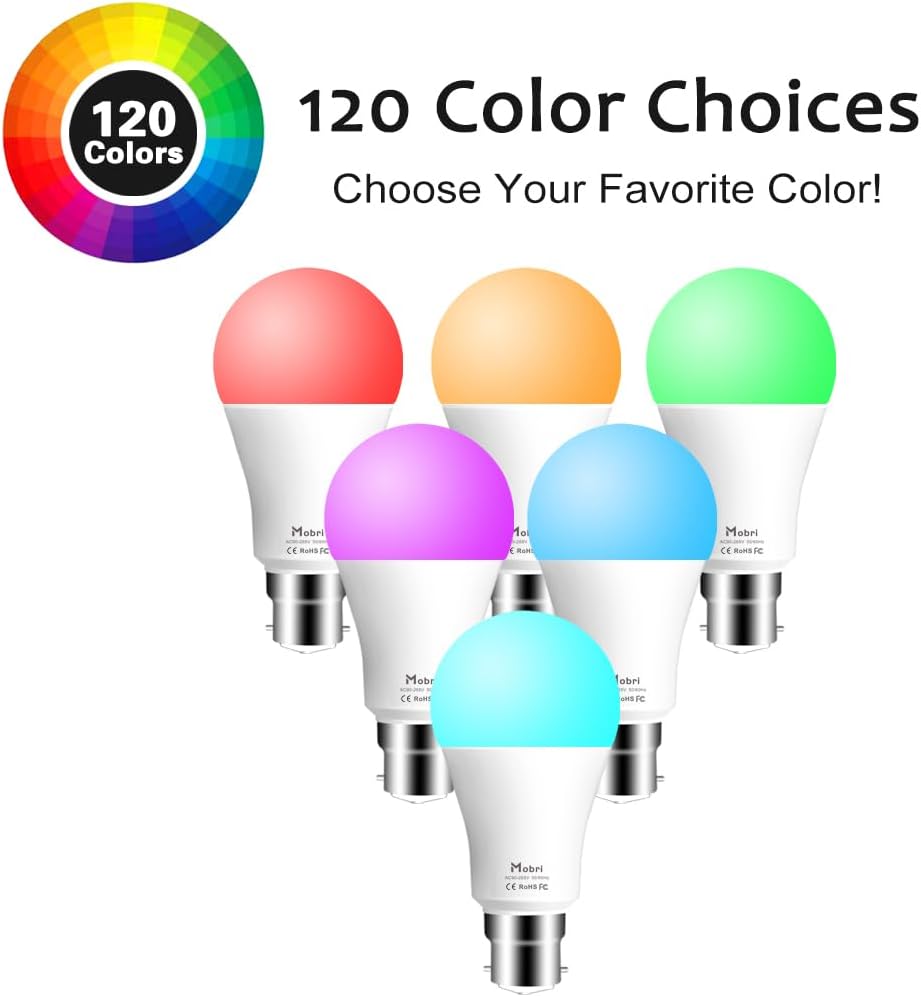 Thumbnail 1 de Mobri B22 LED Colour Changing Light Bulbs with Remote Control (75W Equivalent) – Bayonet, Dimmable, 120 RGB Colours + Daylight White