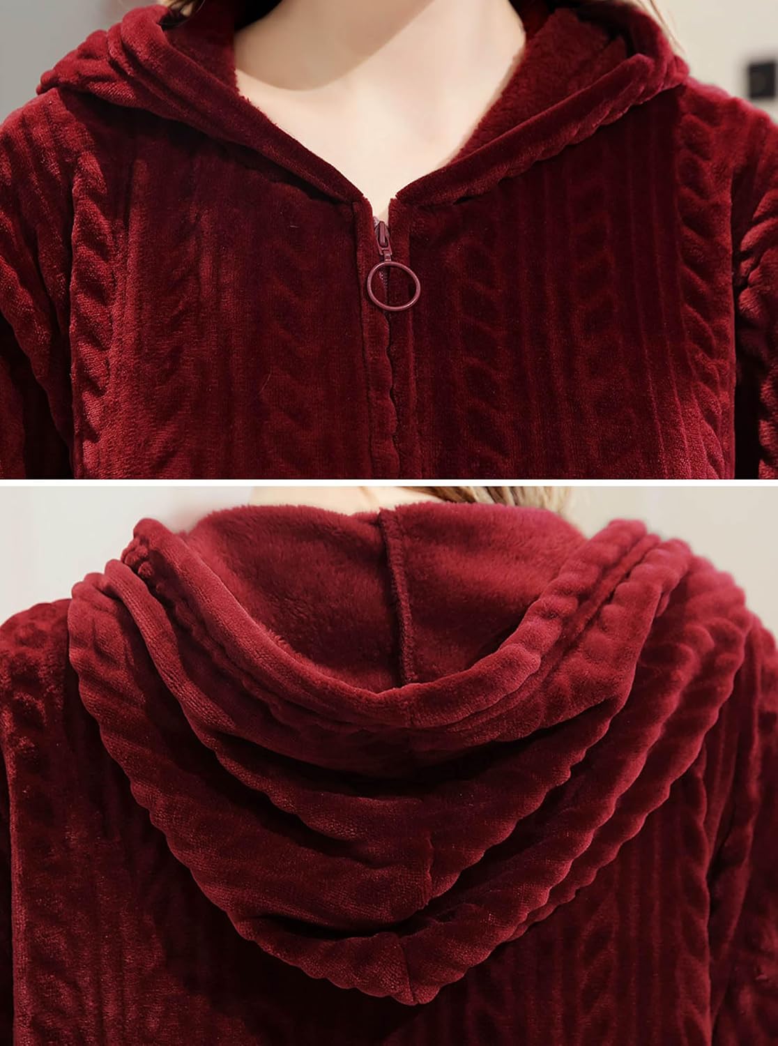 Detalle de ZFSOCK extra lange damesbadjas van flanel met capuchon en ritssluiting