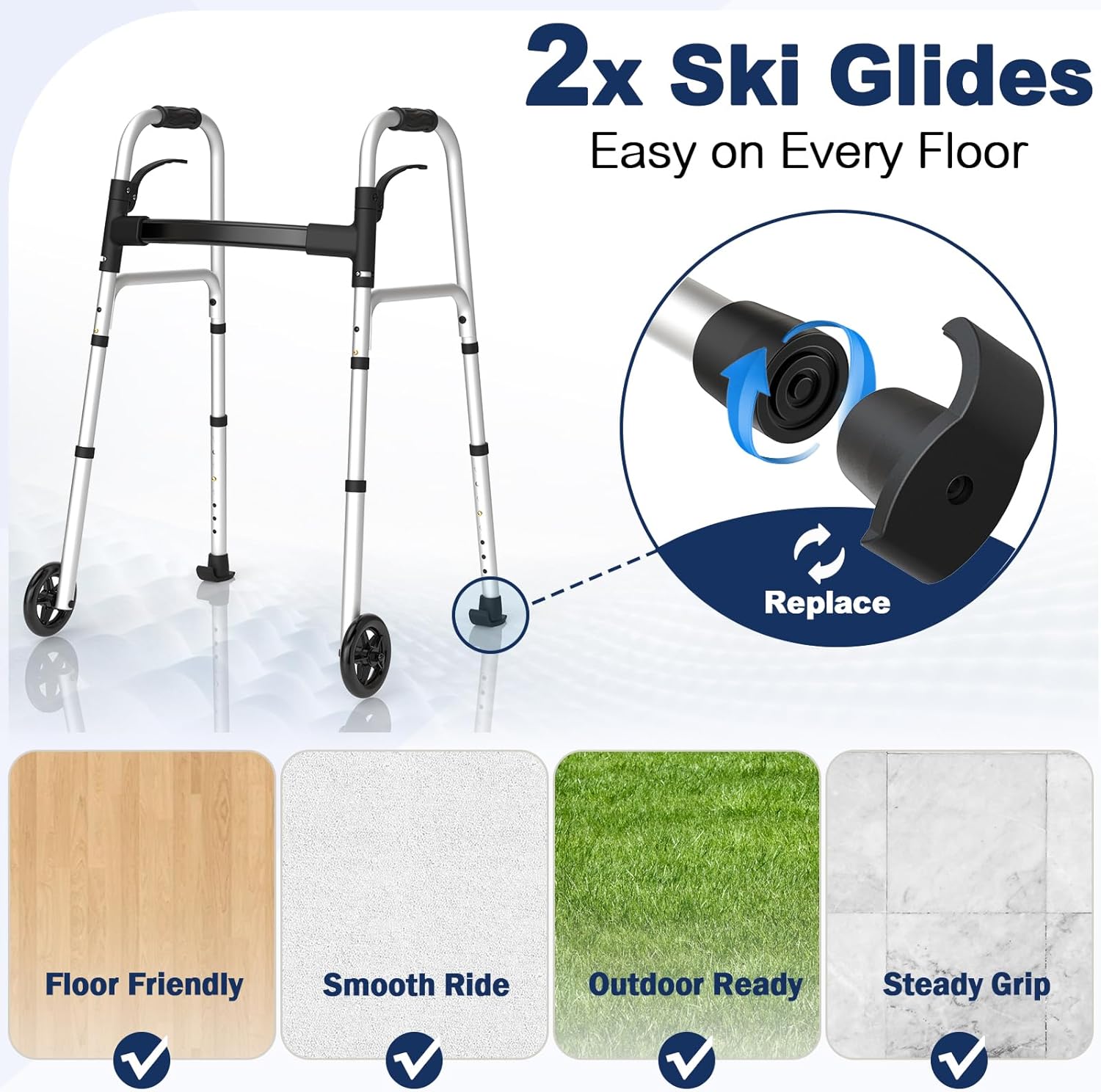 Detalle de HolyHeal Folding Walker for Seniors with 2 Skis and 5" Wheels