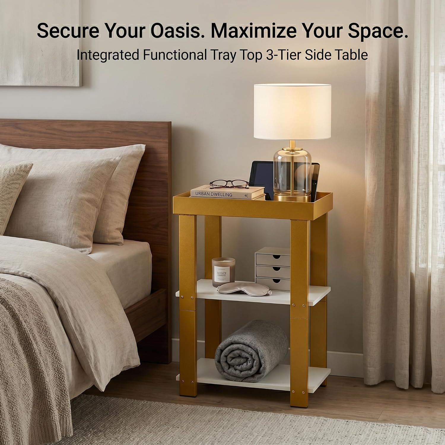 Thumbnail 3 de Modern 3-Tier Gold Side Table with White Tray Top Shelves – Slim, Multifuntional Nook Table for Small Spaces