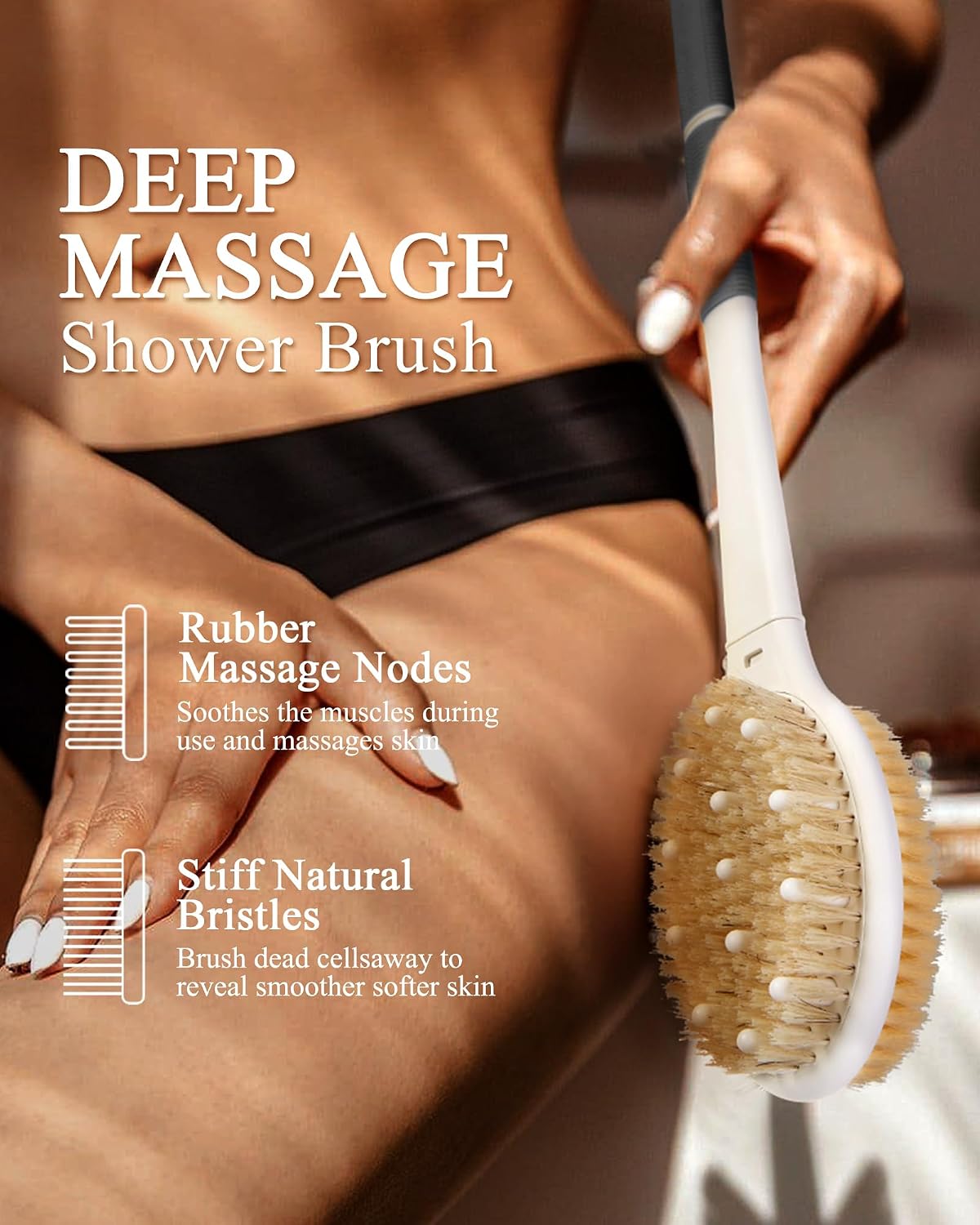 Detalle de Back Scrubber Body Shower Brush with Extra-Long Non-Slip Handle, Boar & Soft Nylon Bristles (Black)