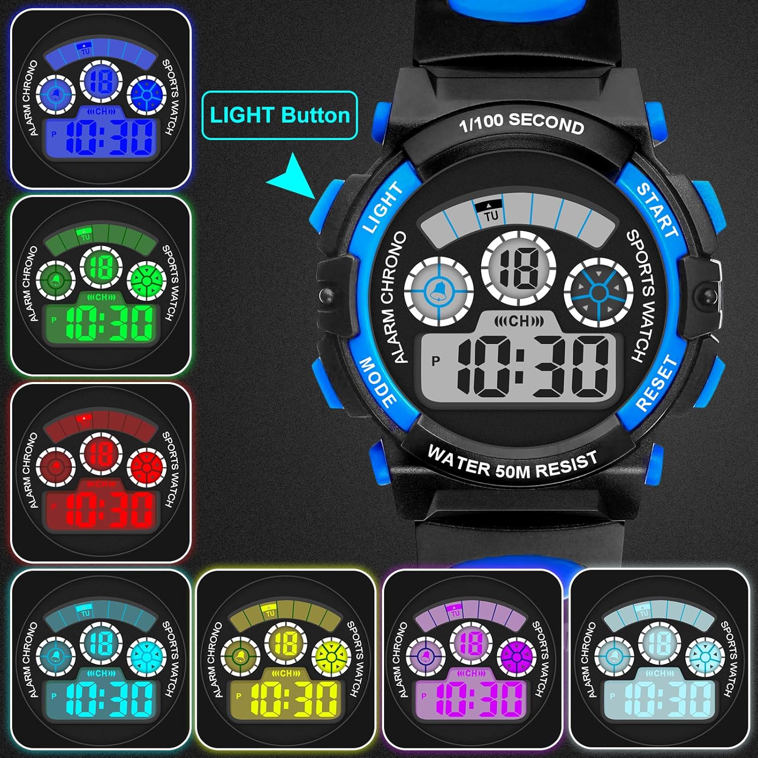 Detalle de DTKID Montre Digitale pour Enfants et Ado — 7 couleurs LED, 5ATM, Chronomètre et Alarme