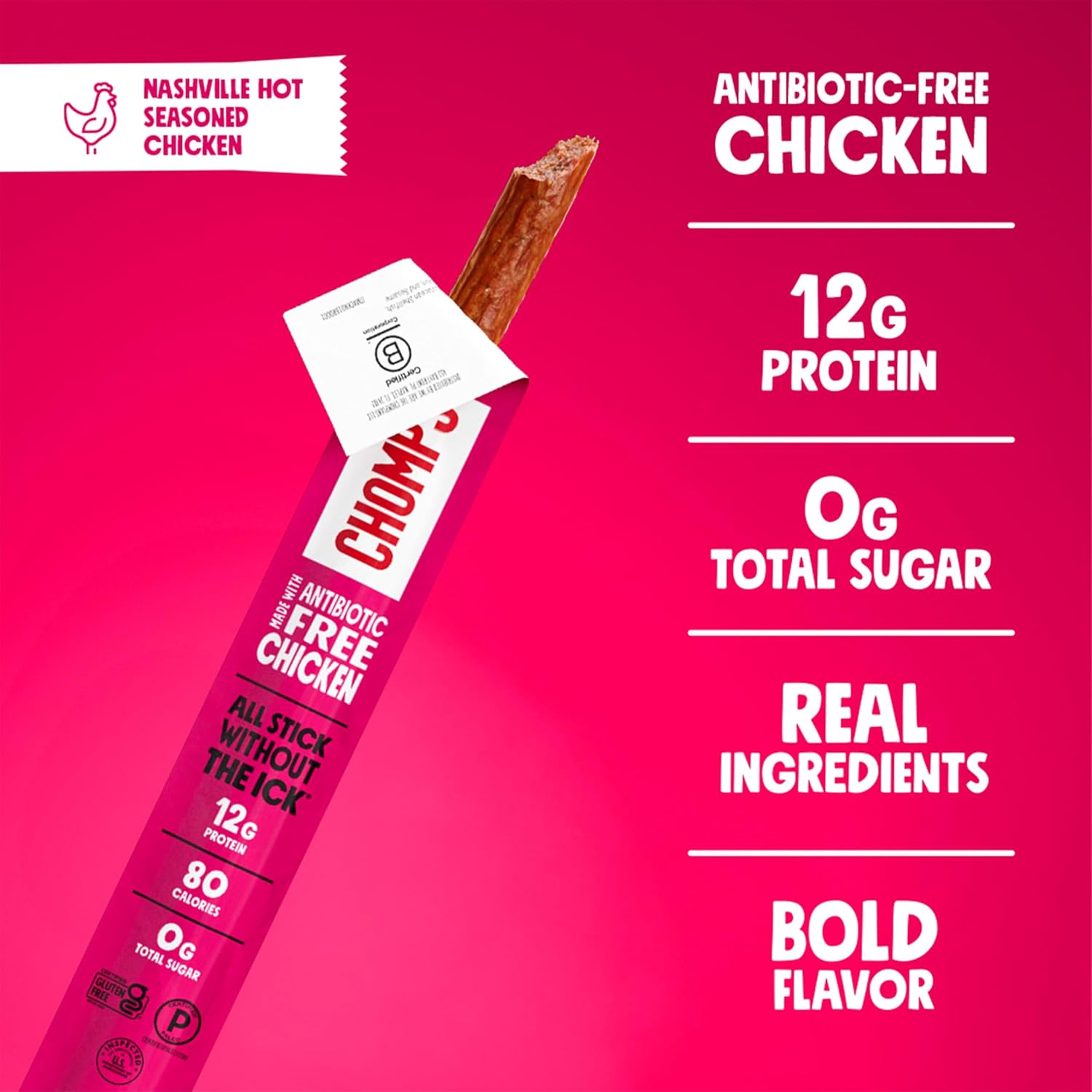 Detalle de Chomps Nashville Hot Chicken Snack Sticks, 12g Protein, Zero Sugar, 10 Count
