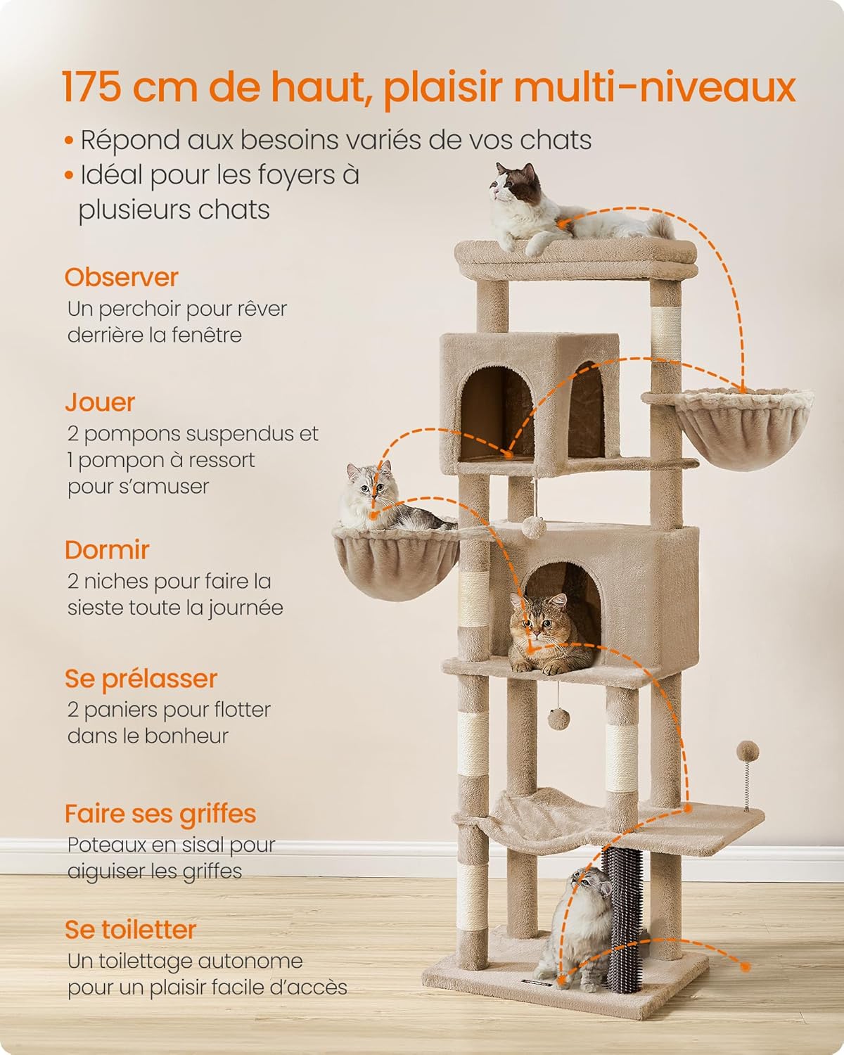 Thumbnail 3 de Feandrea Grand Arbre à Chat, Tour 175 cm – Multi-niveaux avec 2 Niches, 2 Paniers, 5 Griffoirs et Hamac (Marron Camel) PCT182K01