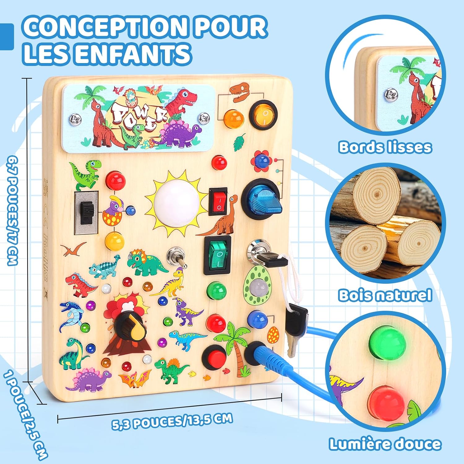 Detalle 2 de Konijiwa Tableau d'activités Montessori Dinosaure: Jouet en bois avec 10 interrupteurs et 23 LED pour 1–3 ans