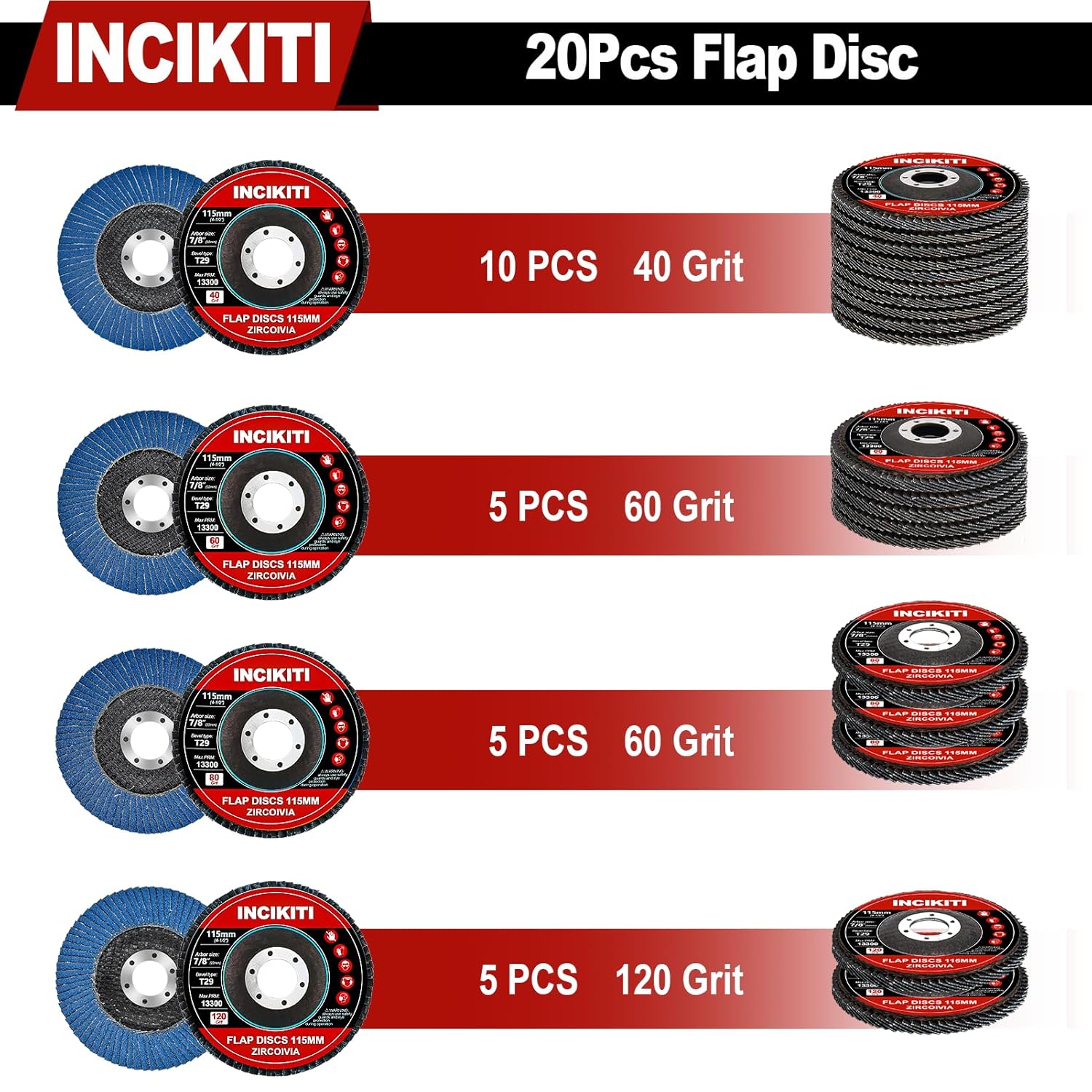Thumbnail 1 de INCIKITI 115mm Type 29 flap discs for angle grinders (20 pack, mixed grits)