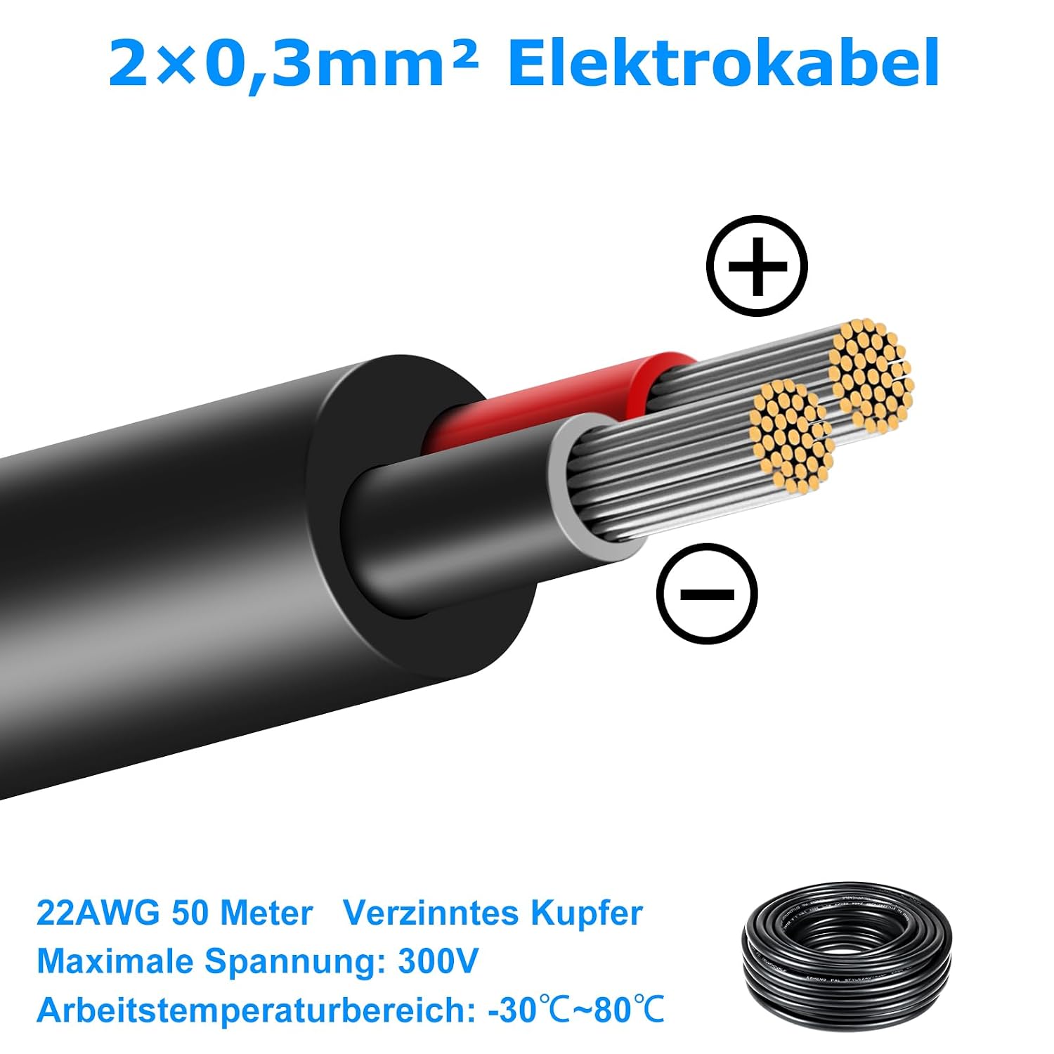 Detalle 2 de 50 Meter 22AWG 2x0,3mm² Elektrischer Draht – Verzinnte Kupferkabel, 5V/12V/24V