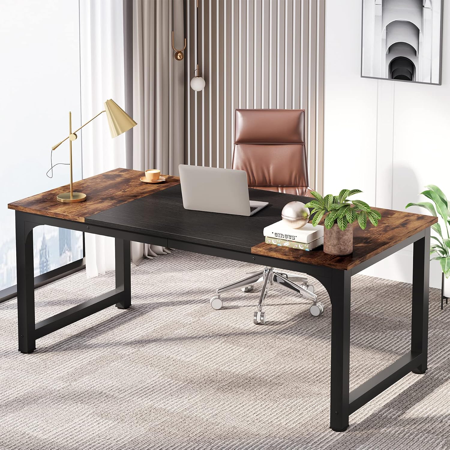 Detalle de LITTLE TREE Executive Office Desk, 31.5-Inch-Wide Desktop, Brown and Black
