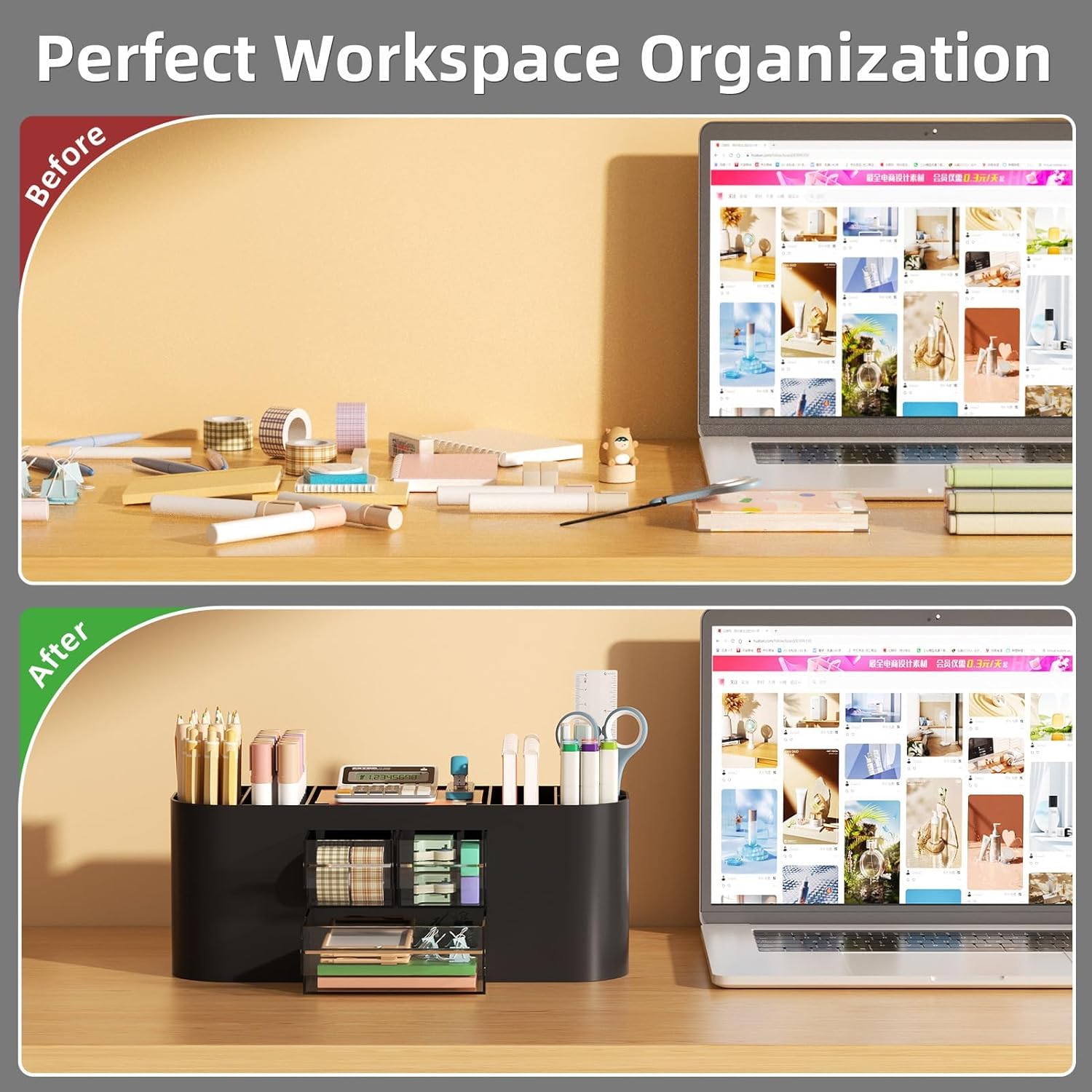Thumbnail 5 de Marbrasse Schreibtisch Organizer mit 3 Schubladen und 7 Fächern – Vielseitiger Stiftehalter aus PS, Schwarz