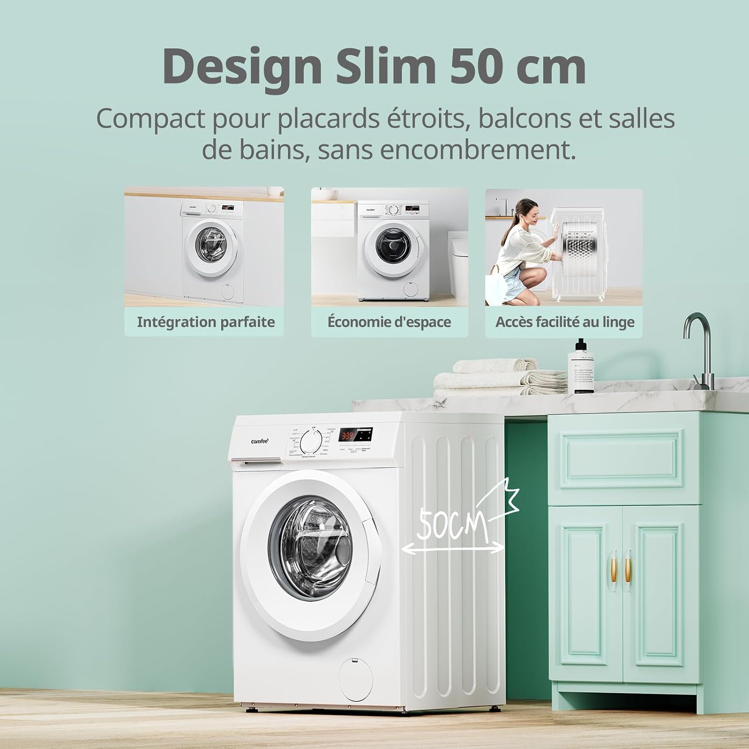 Detalle de COMFEE Lave-linge 9kg CFE12EW90/W-FR – BLDC 1400RPM, vapeur, 50 cm