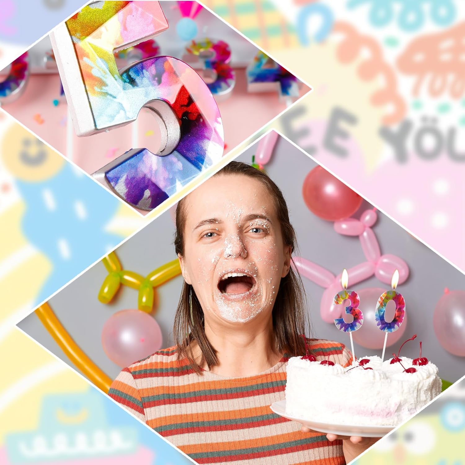 Thumbnail 6 de Yiran Colorful Graffiti 12th Birthday Candles – 2 x 12th Birthday Number Candles with 3D Topper for Cakes