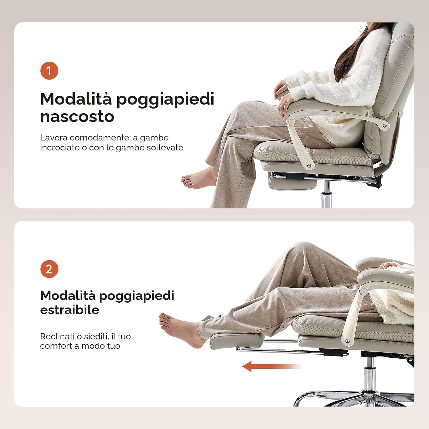 Thumbnail 6 de EMIAH sedia da ufficio ergonomica reclinabile con poggiapiedi in pelle PU, beige