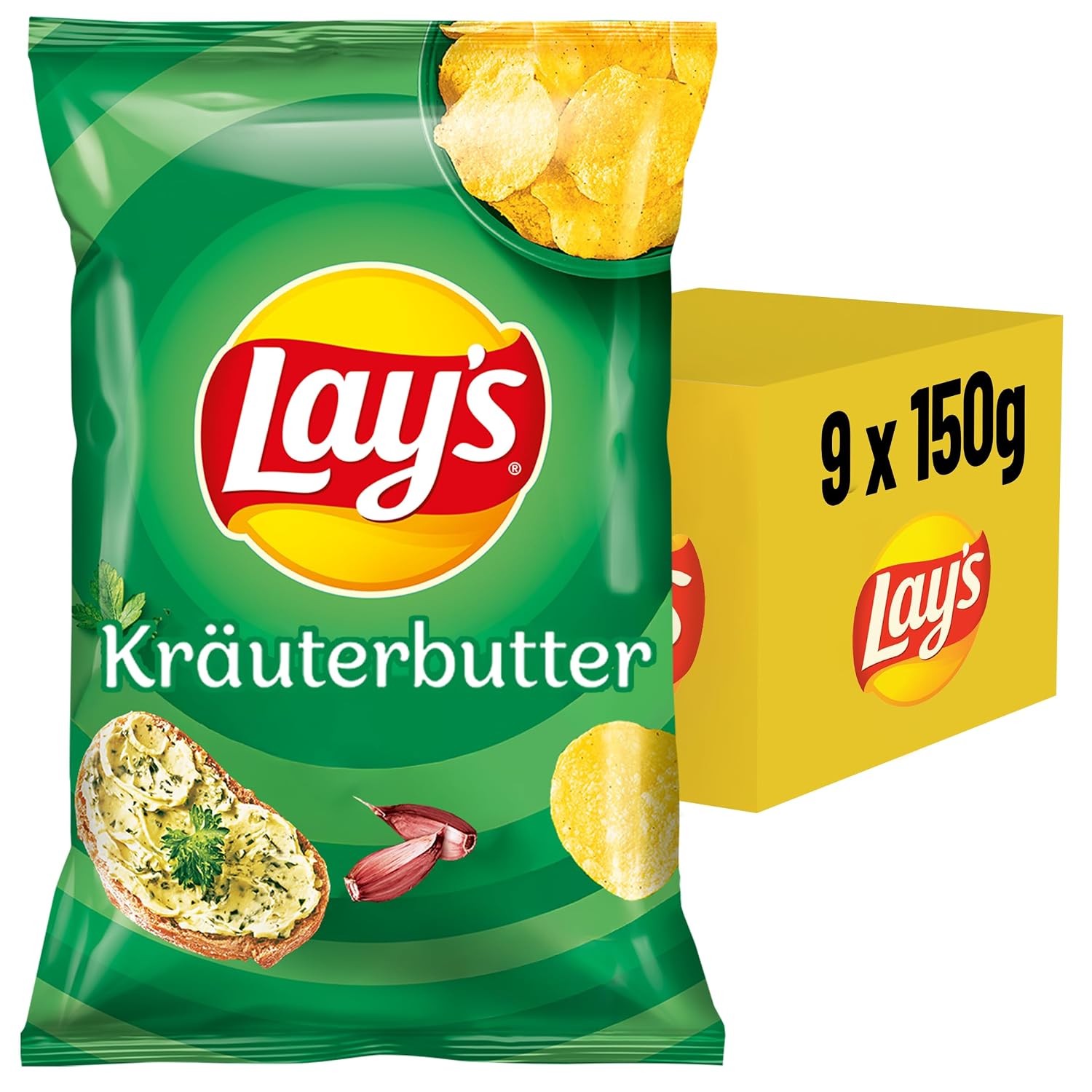 Detalle 2 de Lay's Kräuterbutter Kartoffelchips 9×150 g 🥔