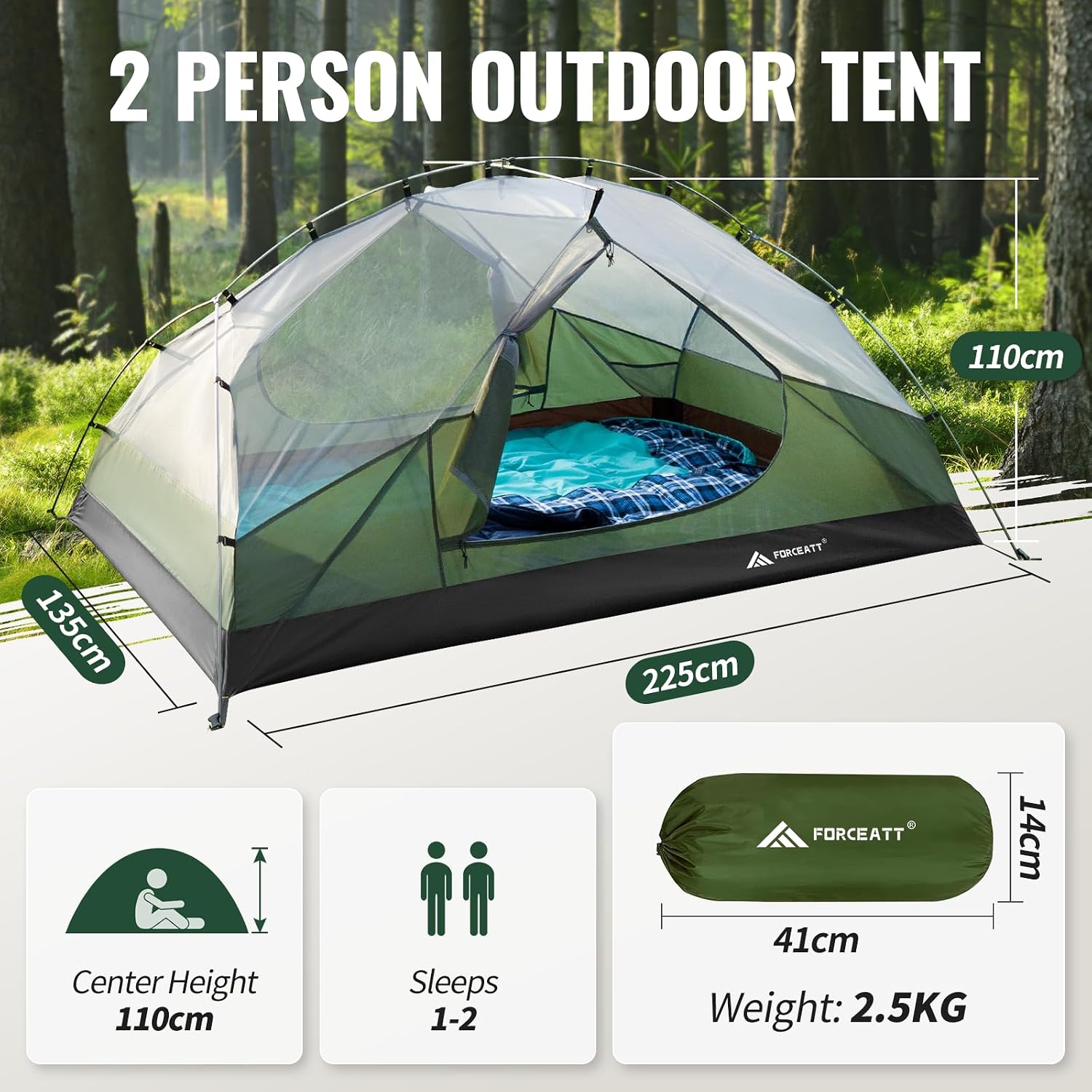 Detalle de Forceatt Zelt 2–3 Personen – ultraleichtes Trekking-Zelt mit 2 Türen, wasserdicht & winddicht