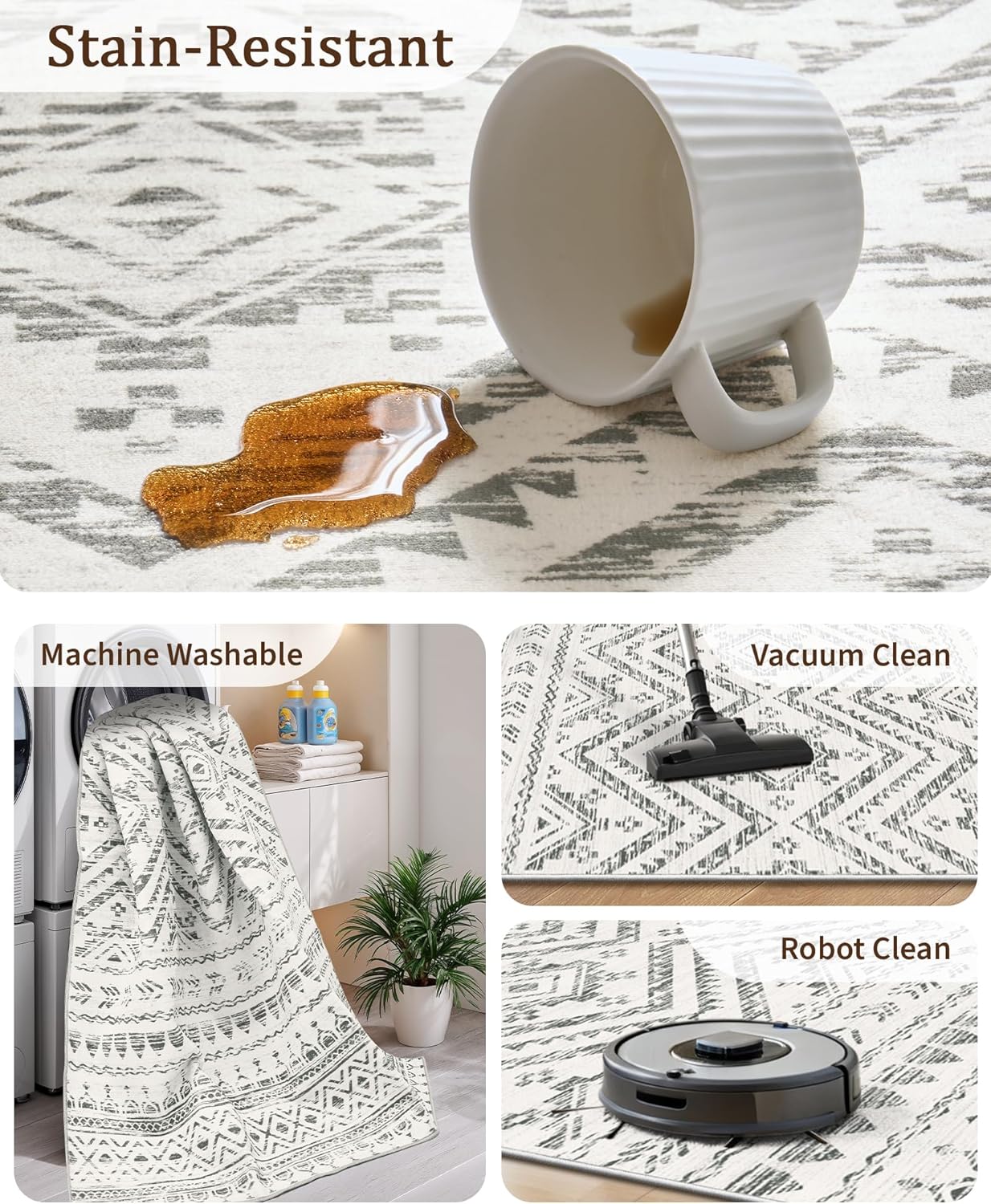 Detalle 2 de Miukiki 8x10 Moroccan Washable Area Rug with Non-Slip TPR Backing (Low Pile, Grey)
