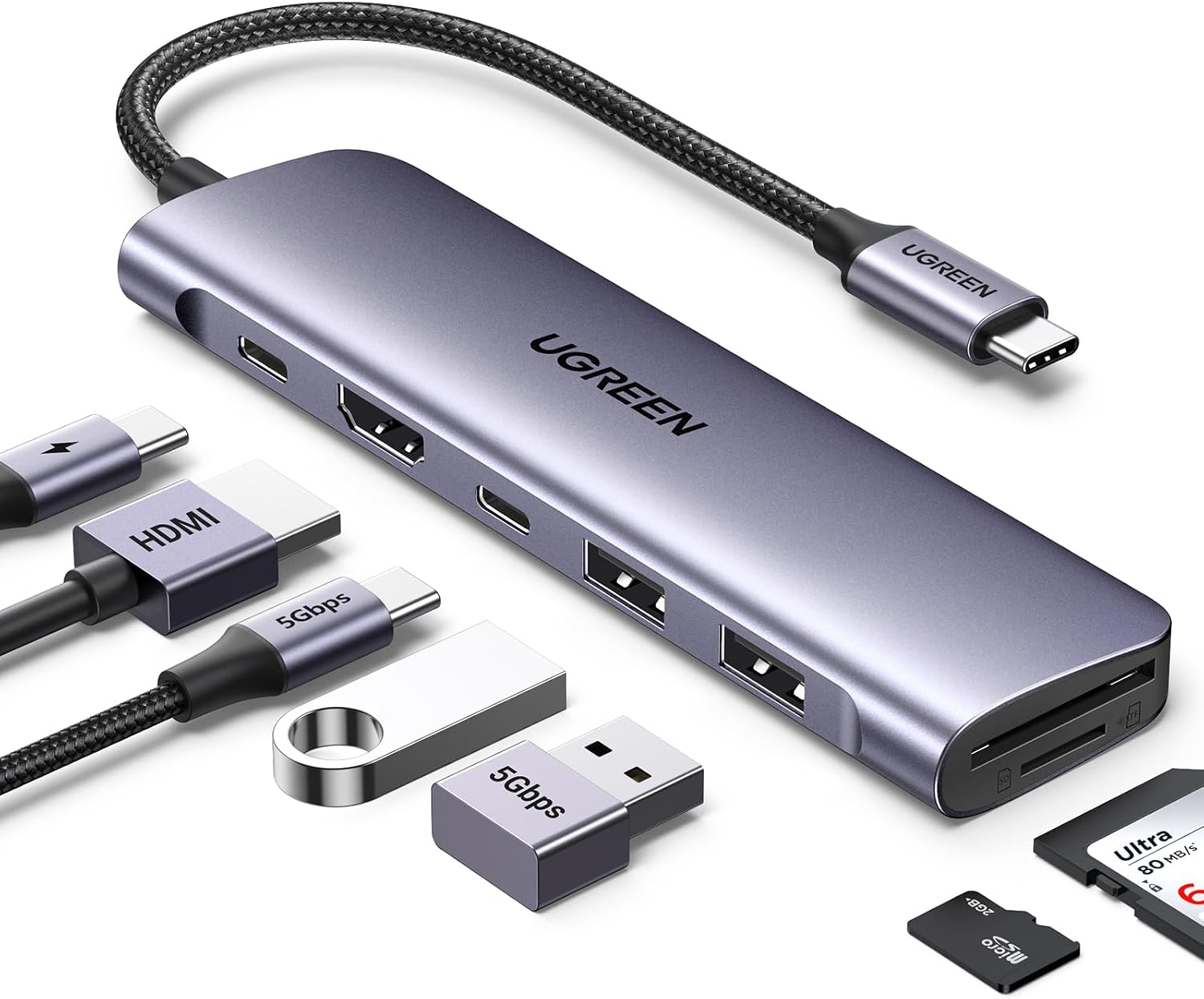 Detalle de UGREEN Revodok 1071 Hub USB C 7 en 1 con HDMI 4K, lector SD/TF y carga PD 100W