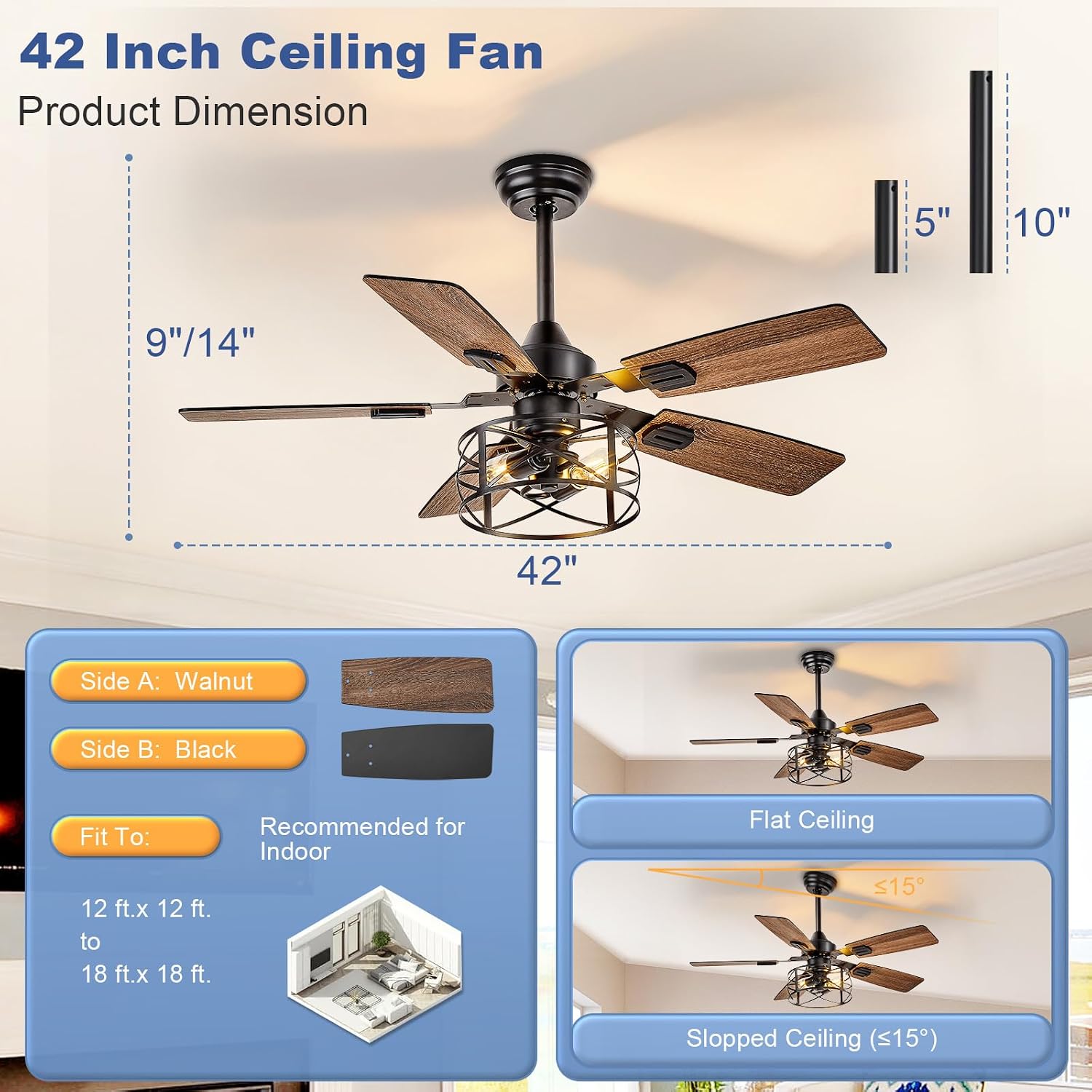 Thumbnail 6 de Depuley WS-FPZ188-35C-BK-AP 42-Inch Ceiling Fan with Light, Remote and Dual-Finish Blades