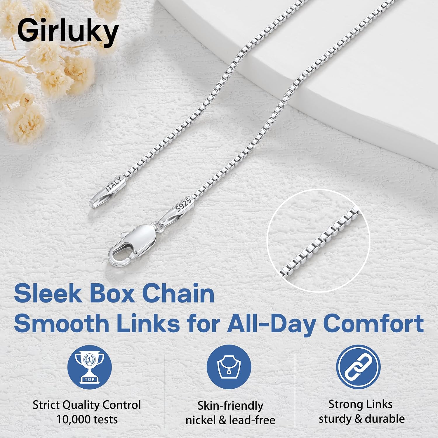 Detalle de Girluky Box Chain Necklace, 925 Sterling Silver
