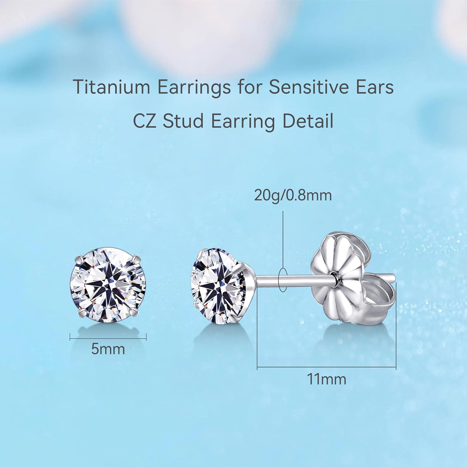 Detalle de Limerencia Titan Ohrstecker – G23 Titan, 5 mm Zirkonia, hypoallergen, nickelfrei