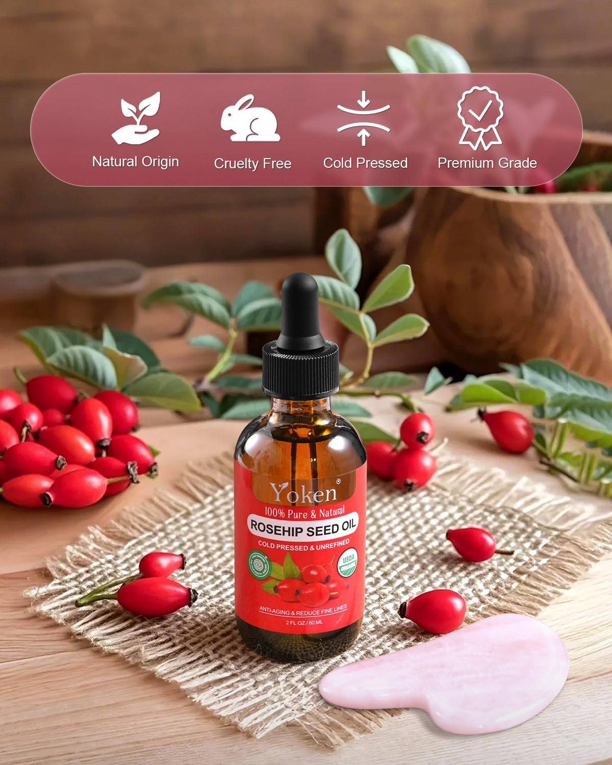 Thumbnail 5 de Yoken Organic Rosehip Seed Oil (100% Pure, Cold-Pressed, Unrefined) for Face, Skin, Hair & Nails — 2 fl oz
