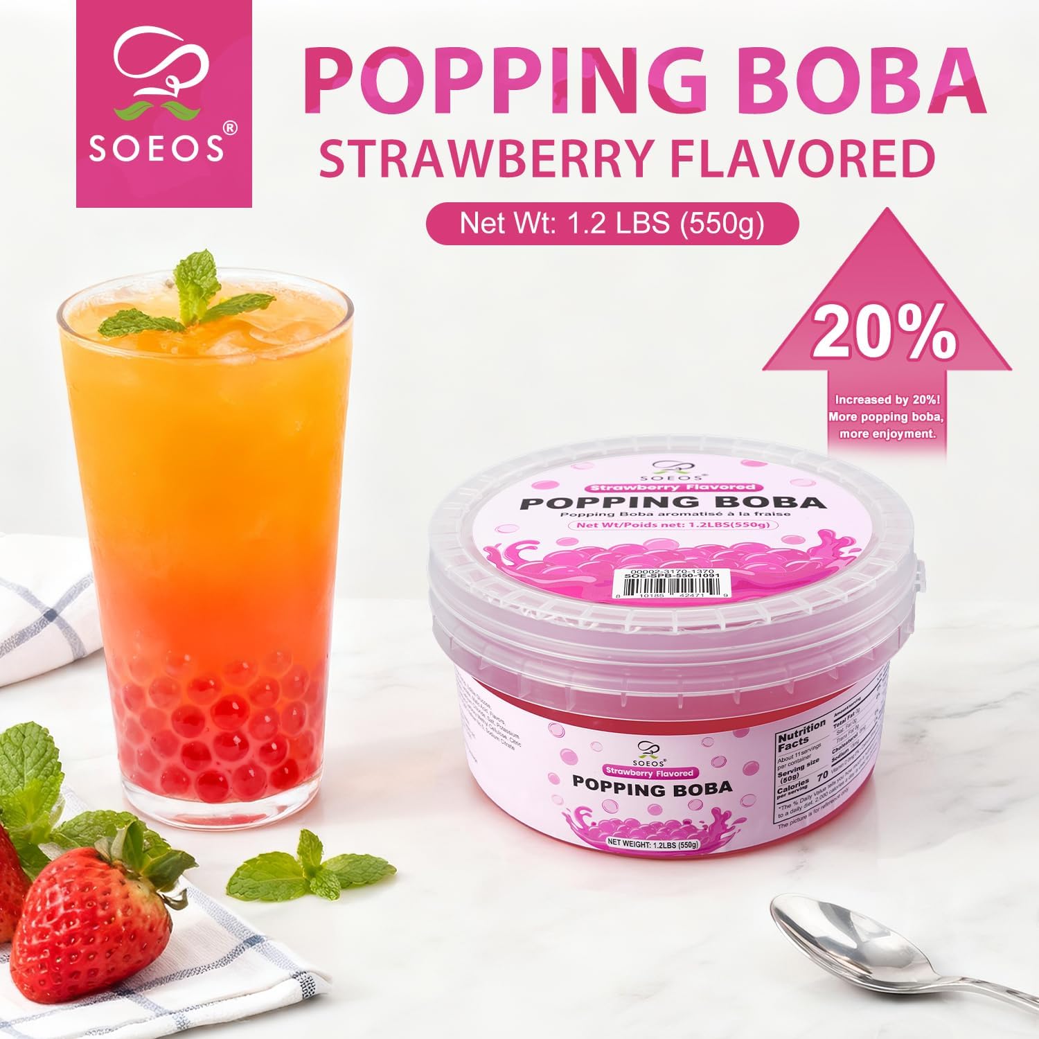 Detalle 2 de Soeos Strawberry Popping Boba, 550g Bursting Pearls for Drinks and Desserts