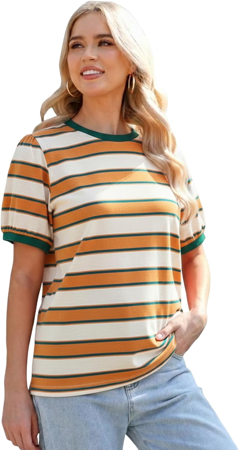 Detalle de Cuptacc Damen T-Shirt Rundhals Locker Gestripes, Baumwolle – Sommer-Top mit Kontrast