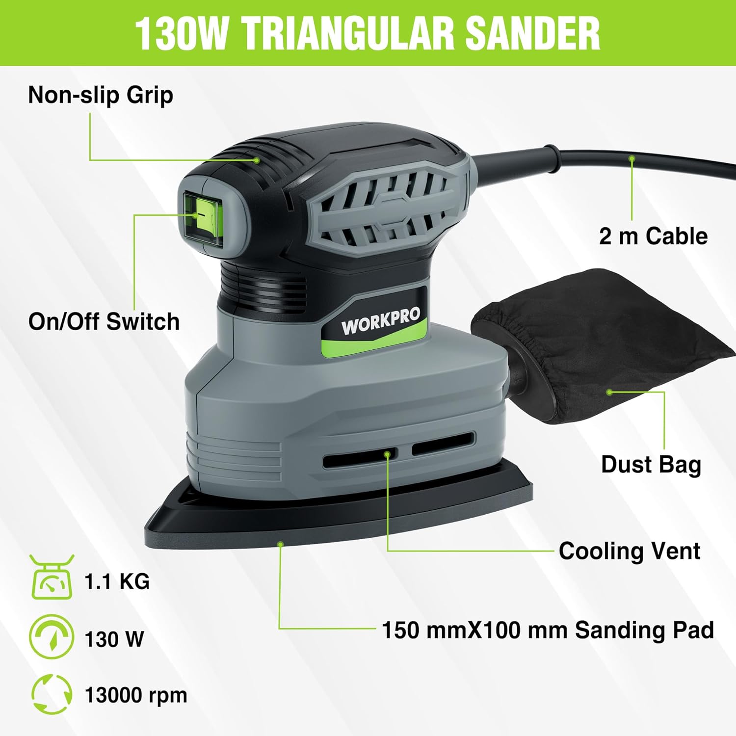 Detalle de WORKPRO Detail Sander (130 W) with Dust Collector and 20 Sandpapers