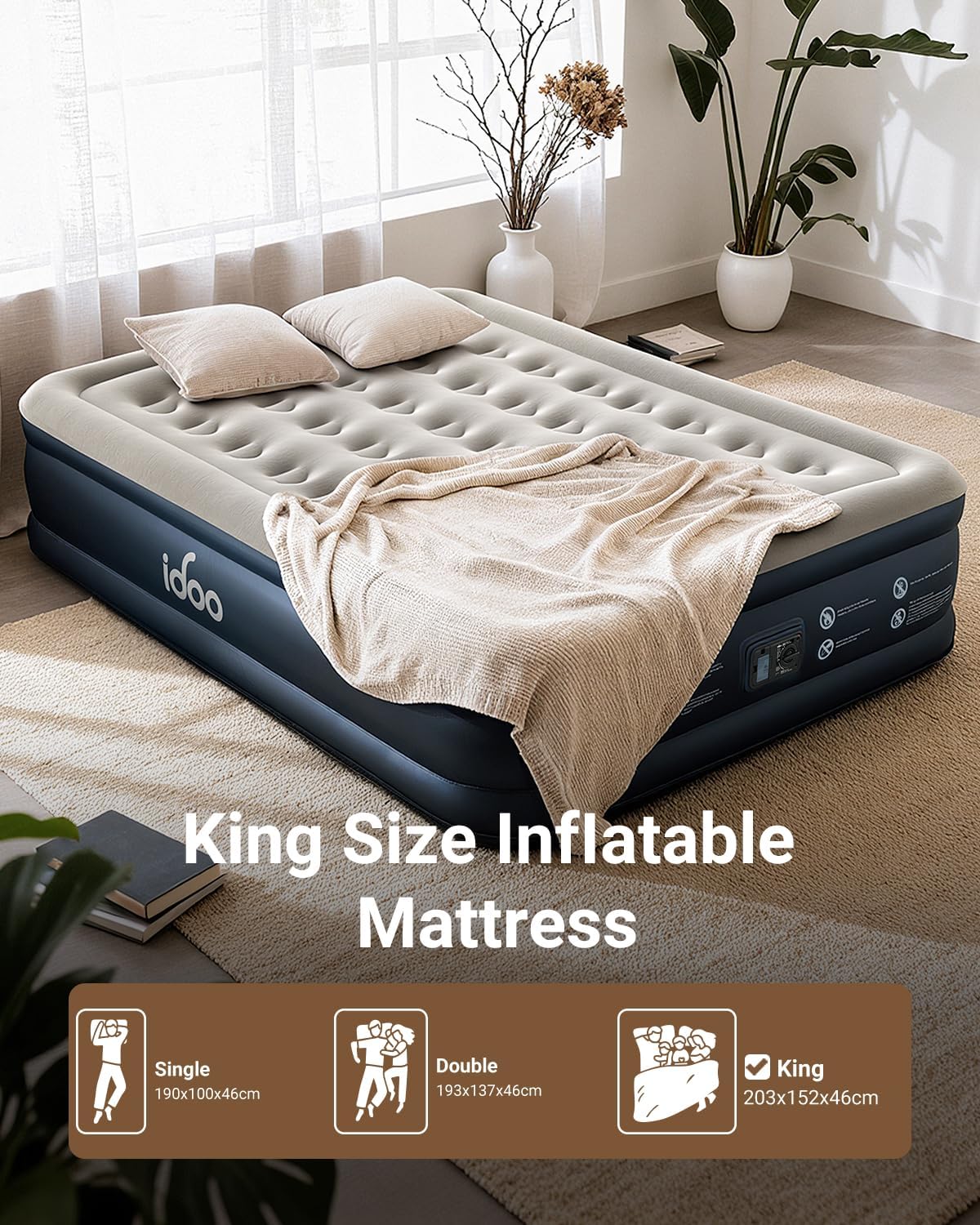 Thumbnail 1 de iDOO King Size Inflatable Air Mattress with Built-In Pump