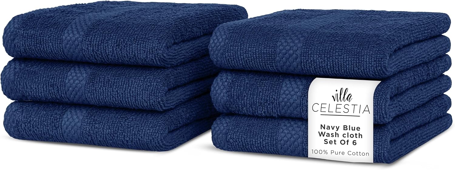 Detalle de Villa Celestia Cotton Washcloths Set of 6 – 12x12, 100% Ring-Spun Cotton, Navy