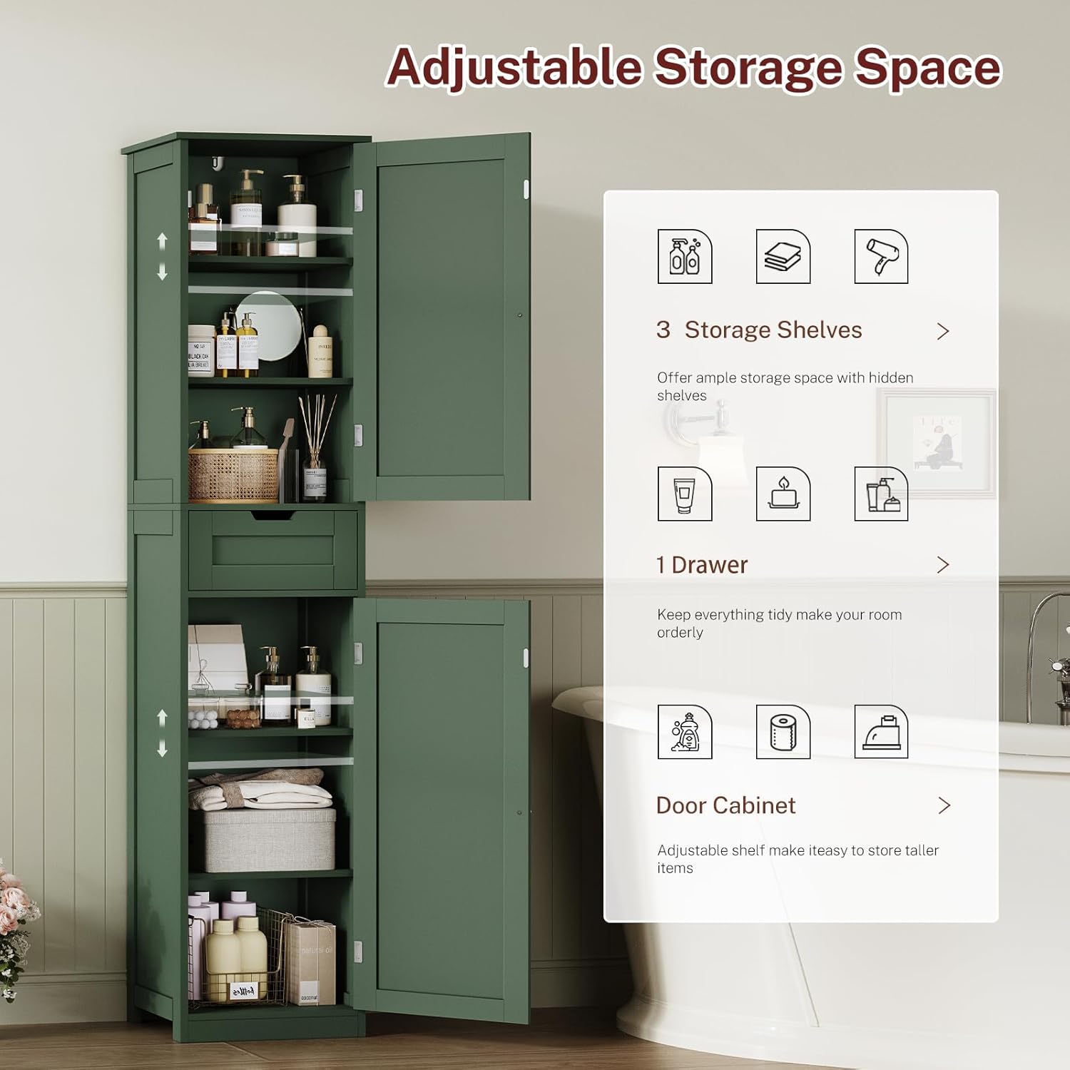 Detalle 2 de FIONESO Tall Bathroom Cabinet, 67-inch Green Floor Cabinet with Drawer and Adjustable Shelves
